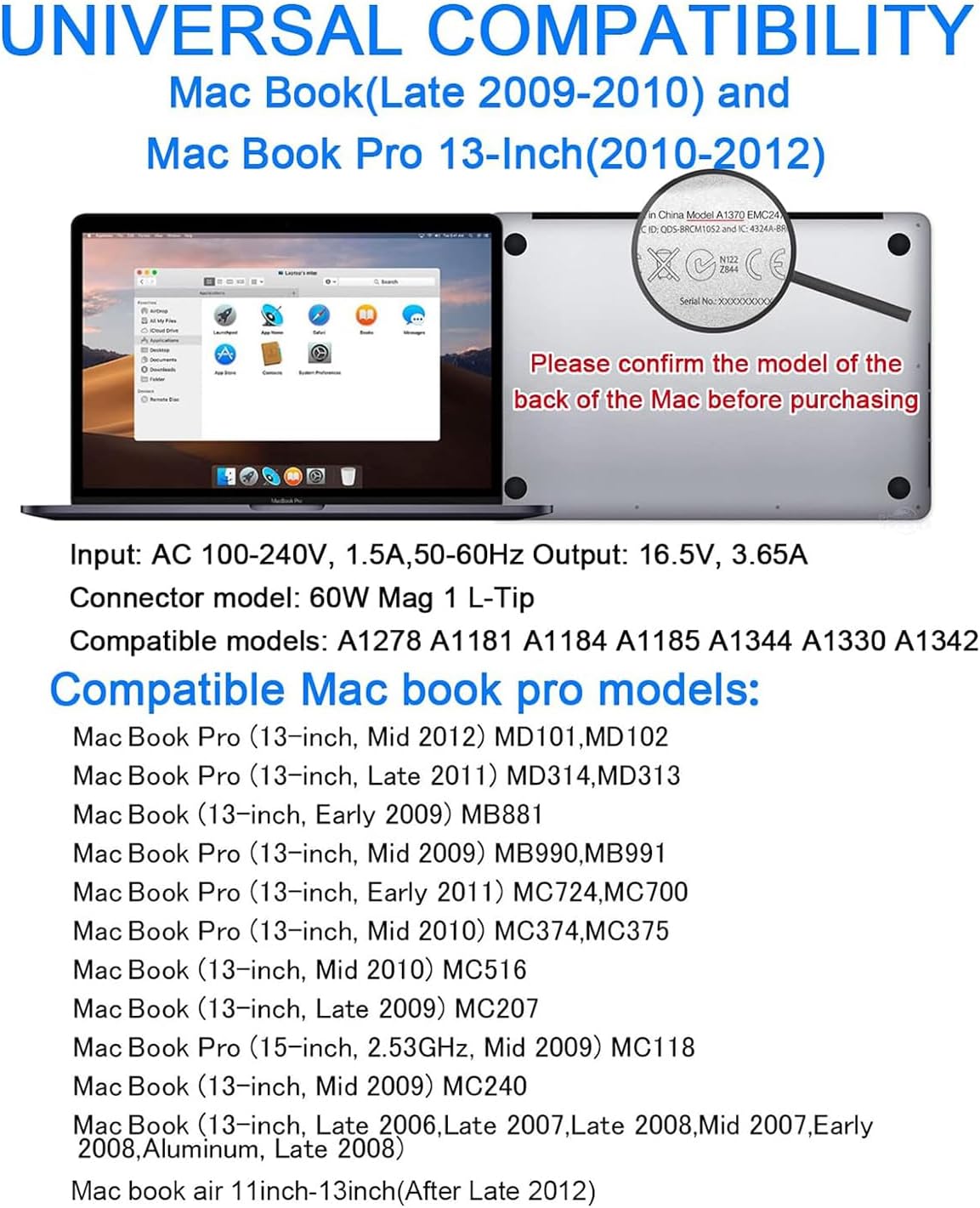 Universal Charger, 60W L-Tip Laptop Charger Compatible with Mac Book Pro Before Mid 2012, Magnetic Powerful Connect, Original Quality image 2 of 7 B09ZXQV3B8