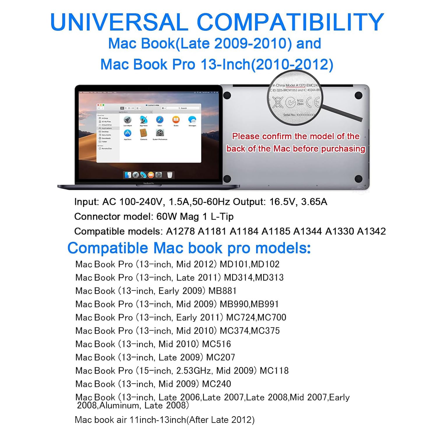 Universal Charger, 60W L-Tip Laptop Charger Compatible with Mac Book Pro Before Mid 2012, Magnetic Powerful Connect, Original Quality
