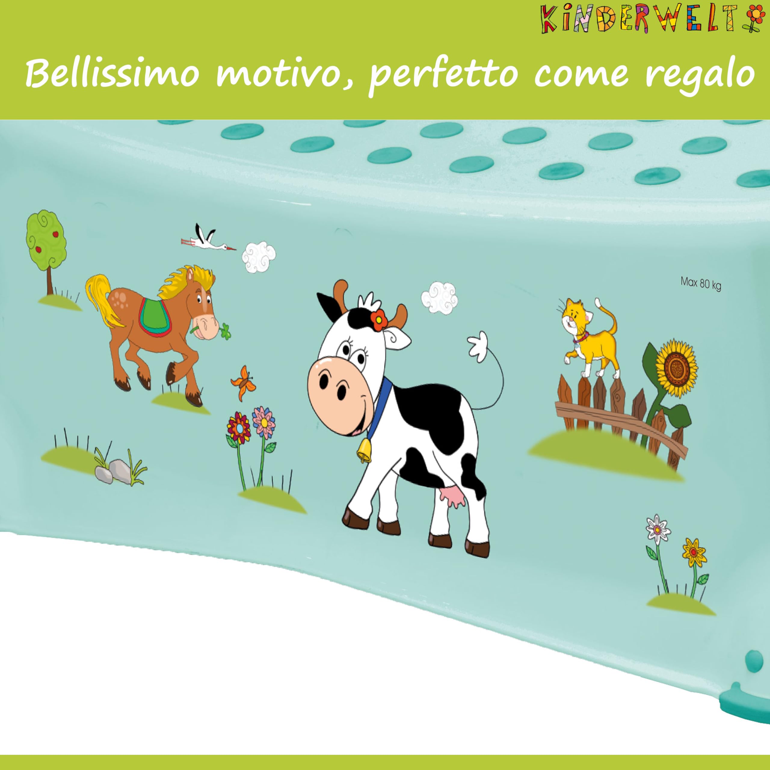 KINDERWELT Premium Set da 4 - Funny Farm Design acqua per neonati e bambini piccoli - sedile WC, sgabello a gradino singolo, vasino, secchio per pannolini - funzione antiscivolo - senza BPA