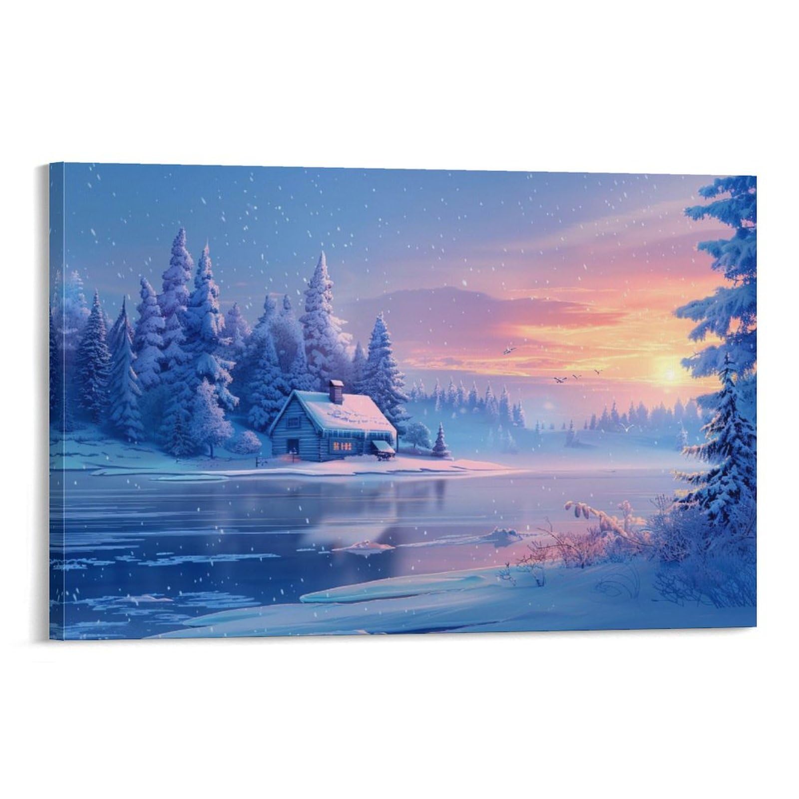 油彩画 :雪解けの春山と川の風景＊絵画原画油絵風景画冬