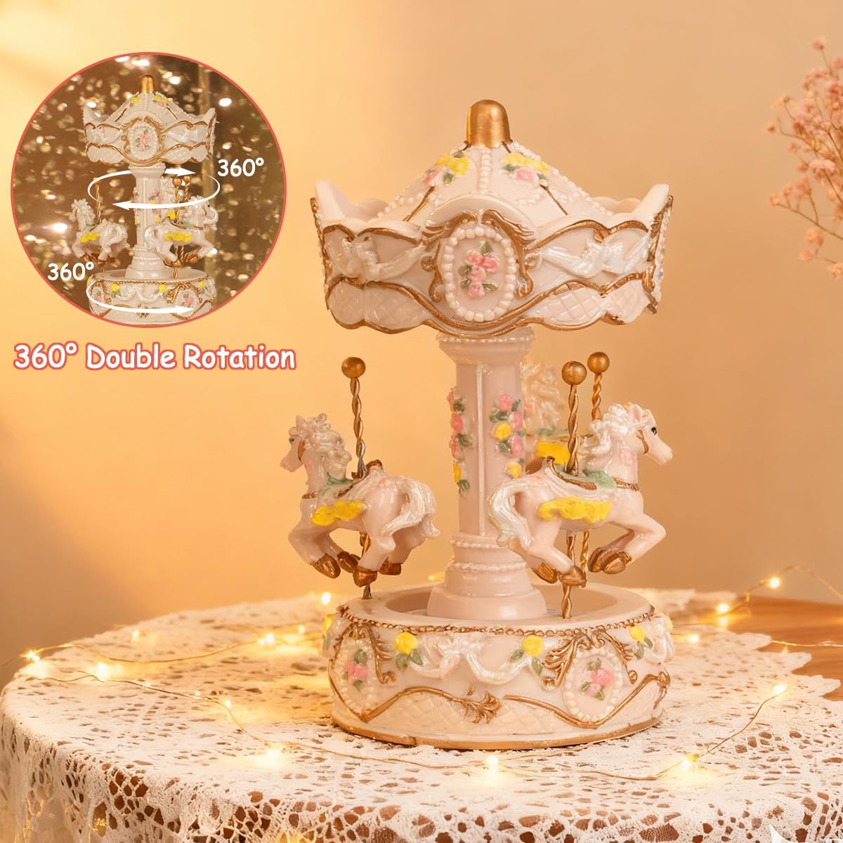 VITAKEO-[360°Double Rotation Carousel Horse Music Box Light as a Present,Women,Kids,Mom,Daughter,Granddaughter,Christmas&Birthday Present-Pink,Battery and USB Operated(11.4"x4.13")