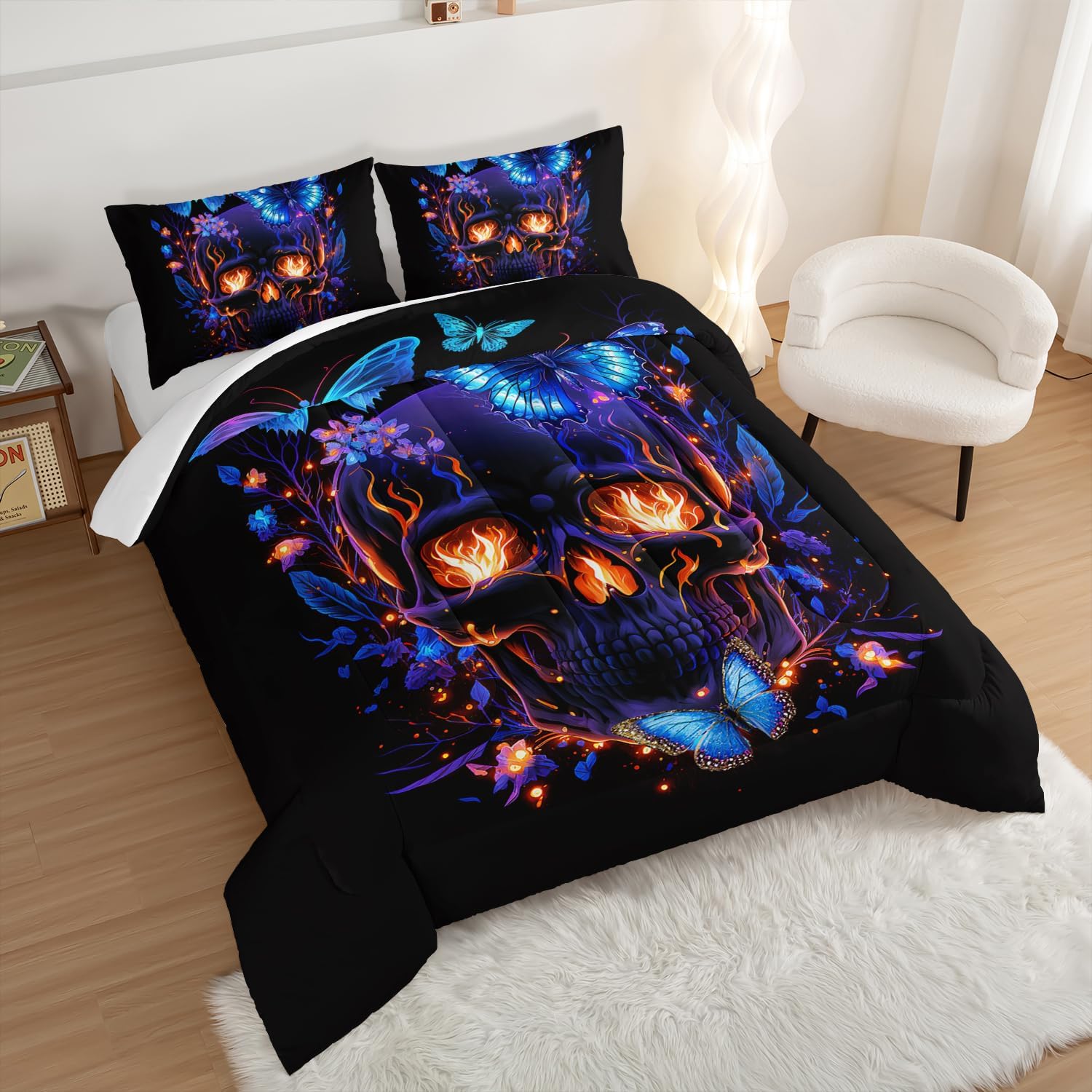HOSIMA Death Skull Heads Comforter Gothic Bedding Sets,Horror Theme Halloween Bedding Comforter Sets for Teen Girls Boys Room Decor,Butterfly Floral Comforter Queen Size Bed with 2 Pillowcases.
