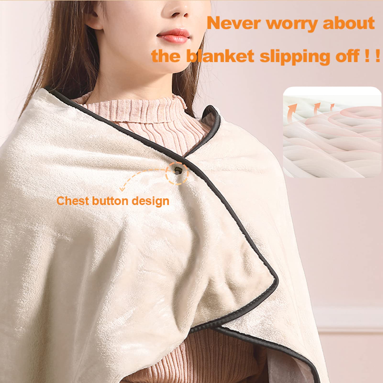 Manta calefactora eléctrica, portátil, suave, otoño invierno, manta calefactora profesional de grafeno con 3 niveles de calefacción y 4 horas de apagado automático, alimentación por USB, beige (rosa)