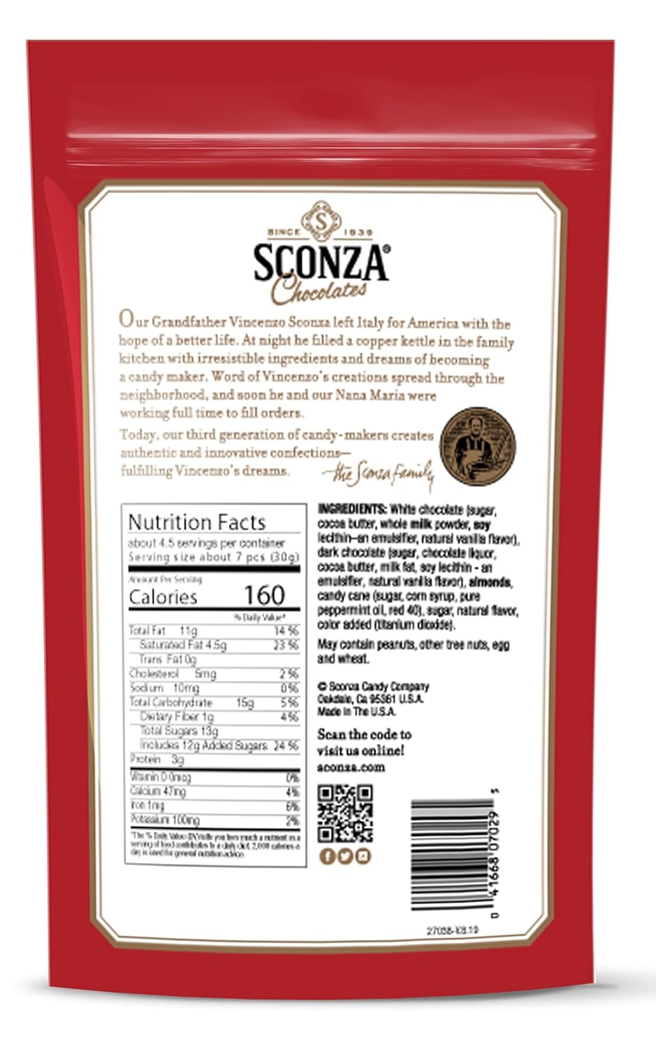 Sconza Chocolate Candy Cane Almonds | Roasted Almonds with Peppermint Candy Crunch | Pack of 3 (4.5 Ounce Each)