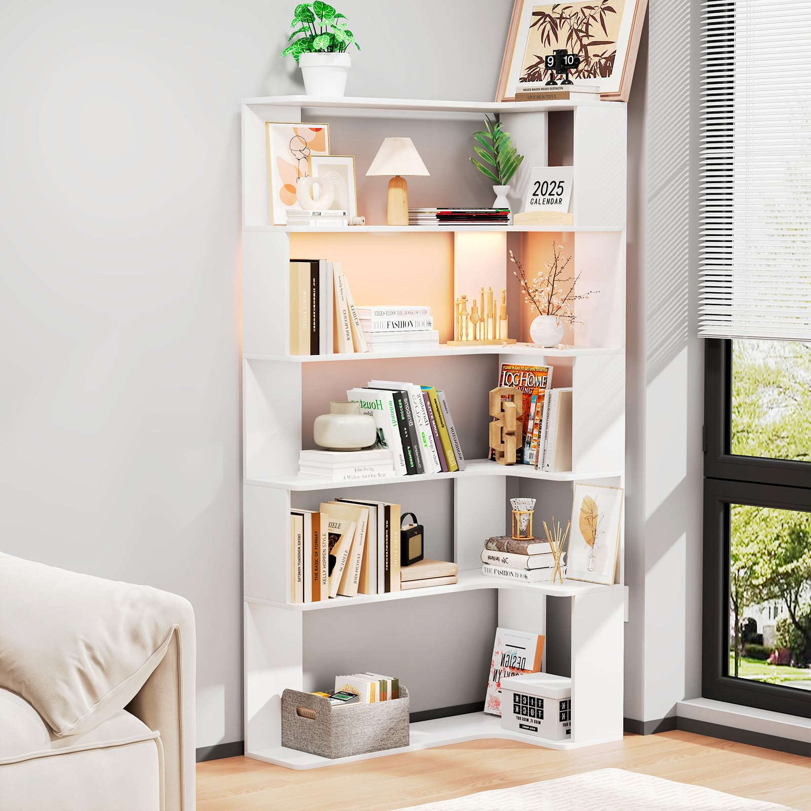 ChromaCasa Corner Bookcase, 5-Shelf Tall L-Shaped Corner Bookshelf with Open Storage Display for Living Rooms Bedrooms Offices,Modern White 90 x 48 x 169 cm โ image 1