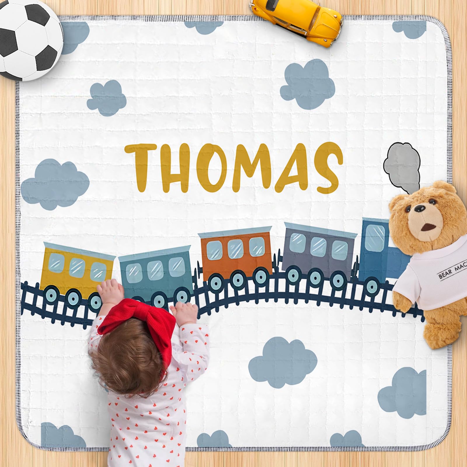 Personalized Baby Playmat with Name - Personalized Baby Playmat - Train Pattern Washable Baby Play Mat Portable Playmat for Babies, Foldable Toddler Playpen Mat Non-Slip Baby Mat(43
