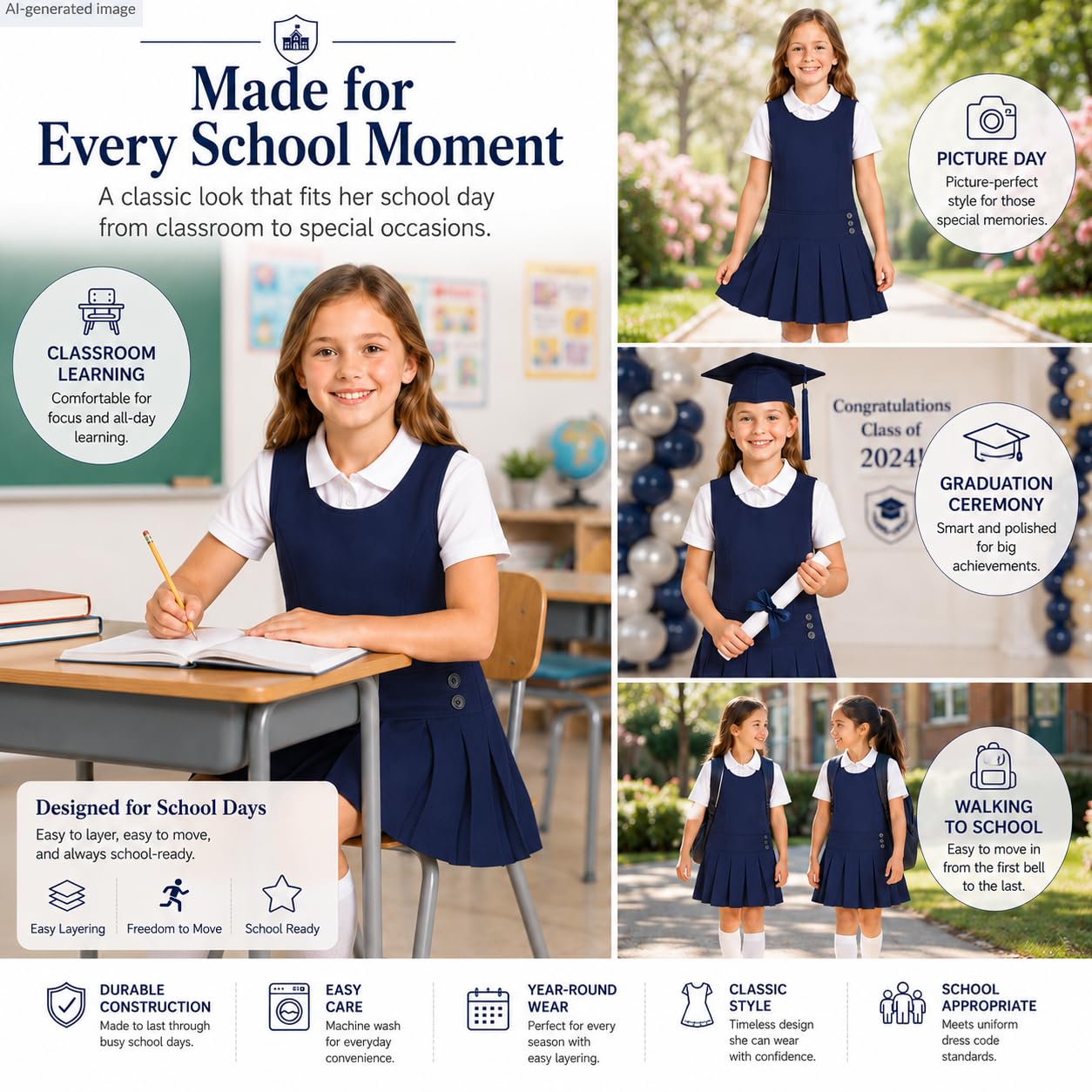 Bienzoe Jersey de uniforme escolar para niñas: vestido sin mangas con dobladillo plisado elástico para niños