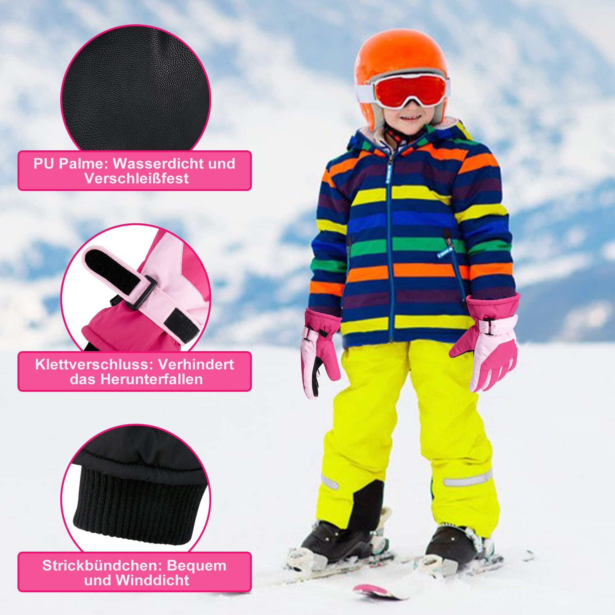 ThxToms Guanti da Sci Per Bambini Invernali, -15 °C Antivento Impermeabili Caldi Freddi, Sport All'aria Aperta, Snowboard, Ciclismo, Ragazzi e Ragazze 4-13 Anni