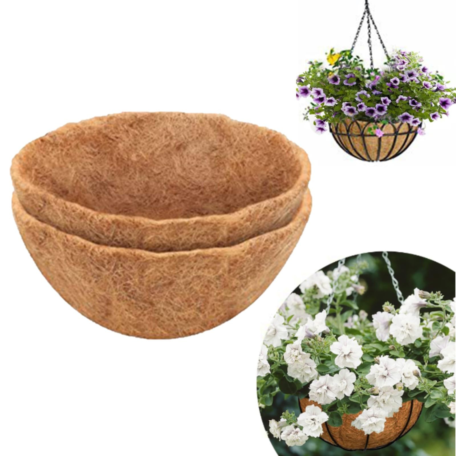 2 Pack Hanging Basket Liner - Round Planter Liner for Hanging Basket, Natural Coco Fiber Replacement Liners, for Plant Flower Growth, Flower Pots in the Balcony Garden (10") — image 1