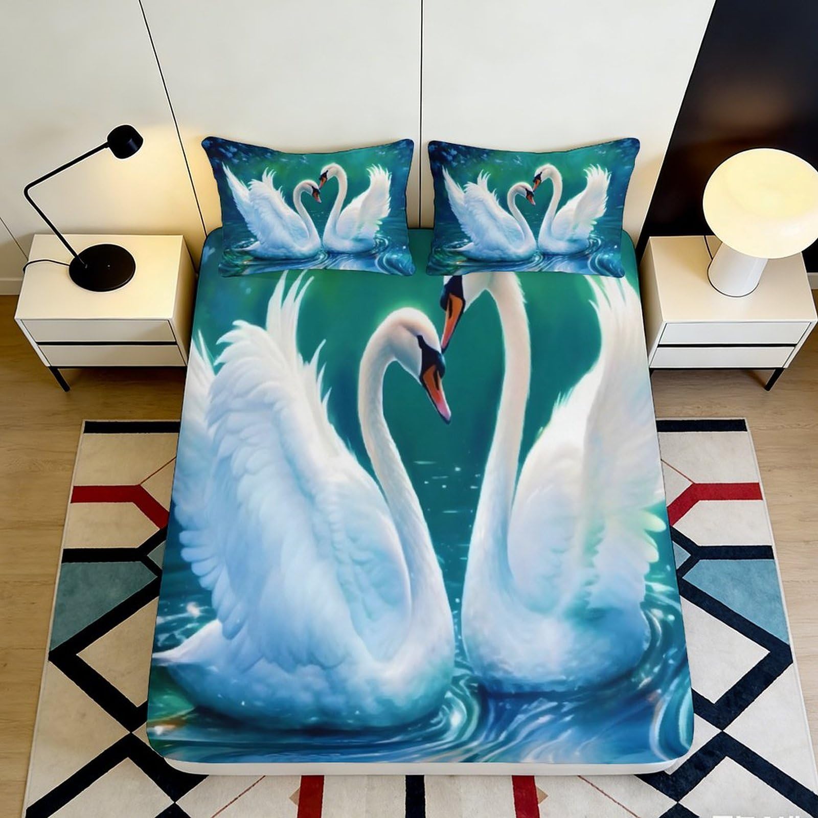Pnayamiorkfel Style-2 3D Printed White Swan Fitted Sheet Microfiber Soft Anti-Slip Blue Lake Bed Cover For Bedroom Guest Room Decor 90X200x25cm
