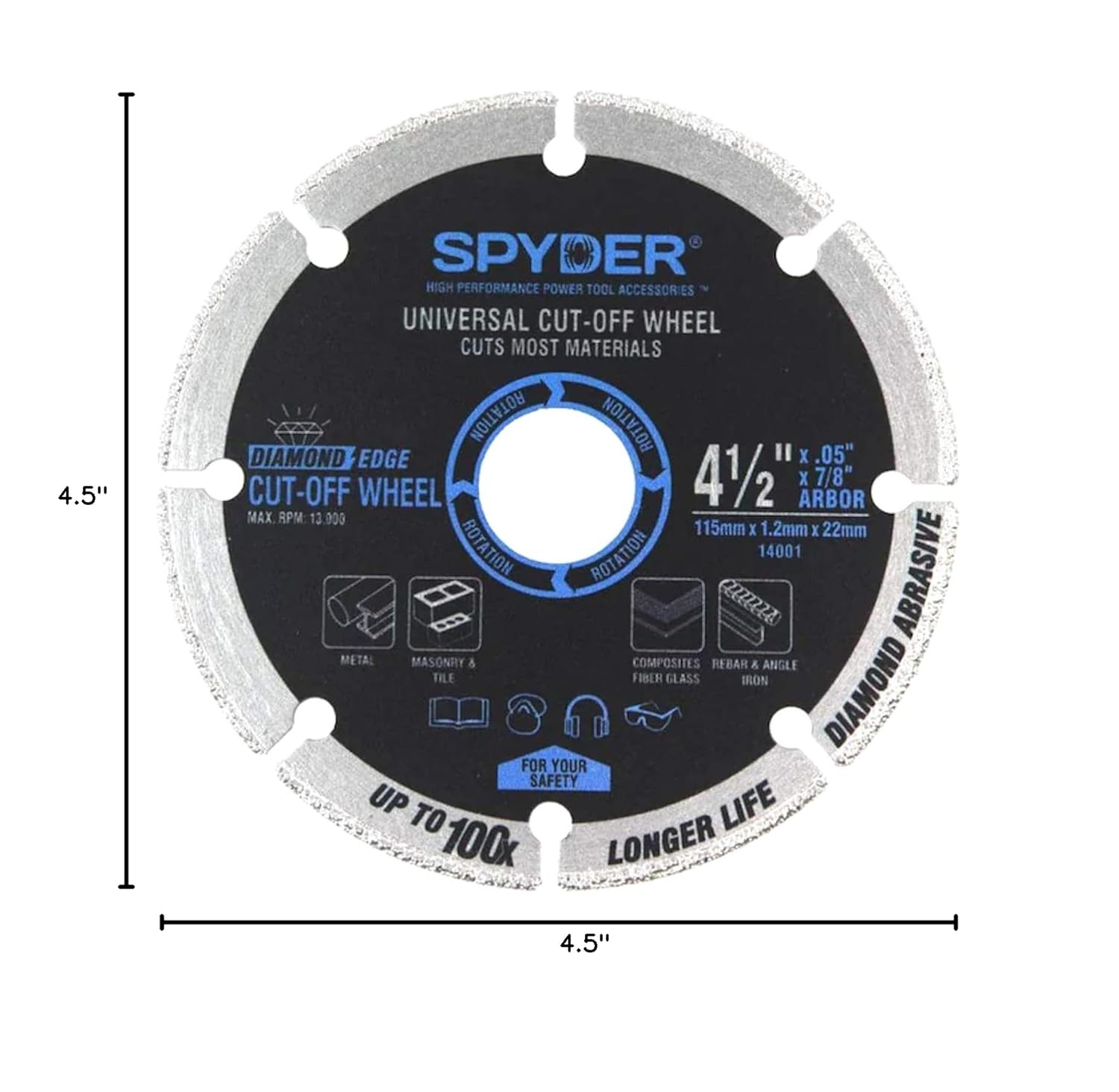 Spyder 4-½-inch Diamond Edge Universal Cut Off Wheel 2-Pack for Metal, Masonry, Tile, Rebar, and More
