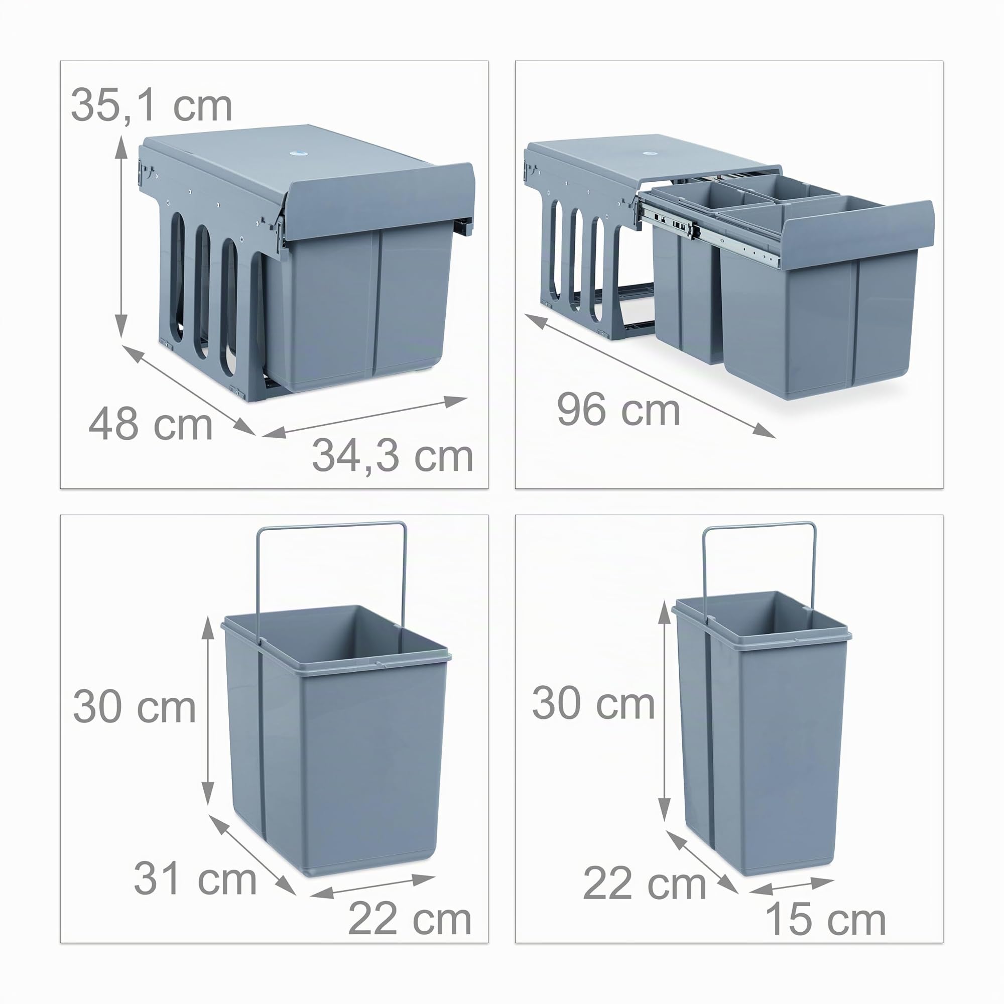 Relaxdays Pattumiera a Incasso da Cucina, Estraibile, Triplo Contenitore, 15 e 8 l, Plastica 35,1x34,3x48 cm, Grigio