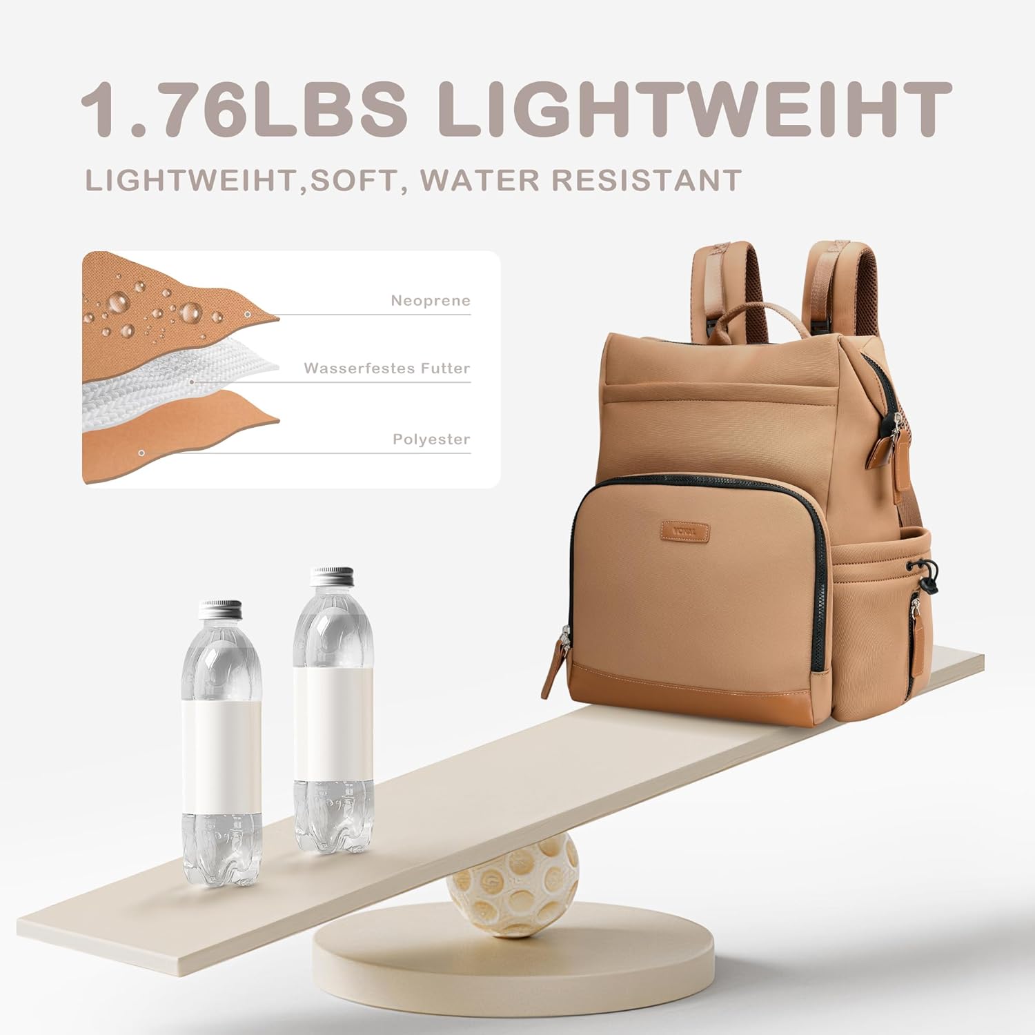 VONAL Neoprene Diaper Bag Backpack with Changing Pad, 33L Large Capacity Neoprene Backpack Baby Diaper Bag with Insulated Pockets, Travel Diaper Backpack Baby with 12 Pockets for Mom & Dad, Brown - Image 7