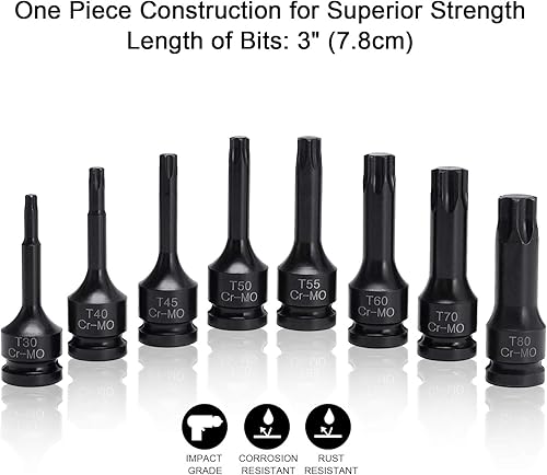 Miniatura 3 de HELAKLS Juego de 8 puntas de enchufe Torx Star de impacto de 12 pulgada T30 T40 T45 T50 T55 T60 T70 T80 Cr-Mo Construcción de una sola pieza de 3