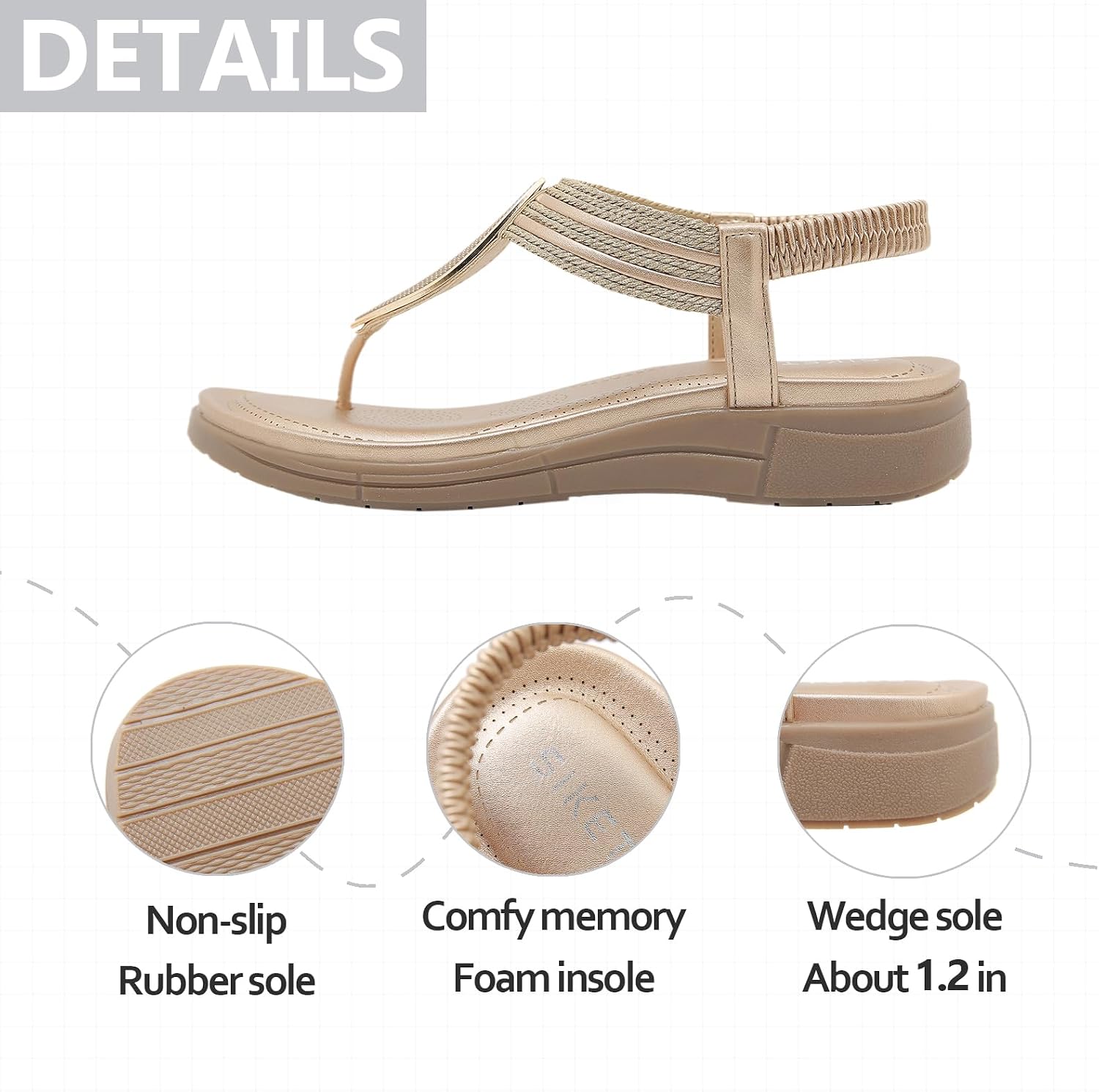 Womens Rhinestone T-Strap Boho Wedge Sandals Comfortable Slip On Round Toe Back Elastic Strap Roman Flip Flops For Summer Beach Vacation Daily Casual