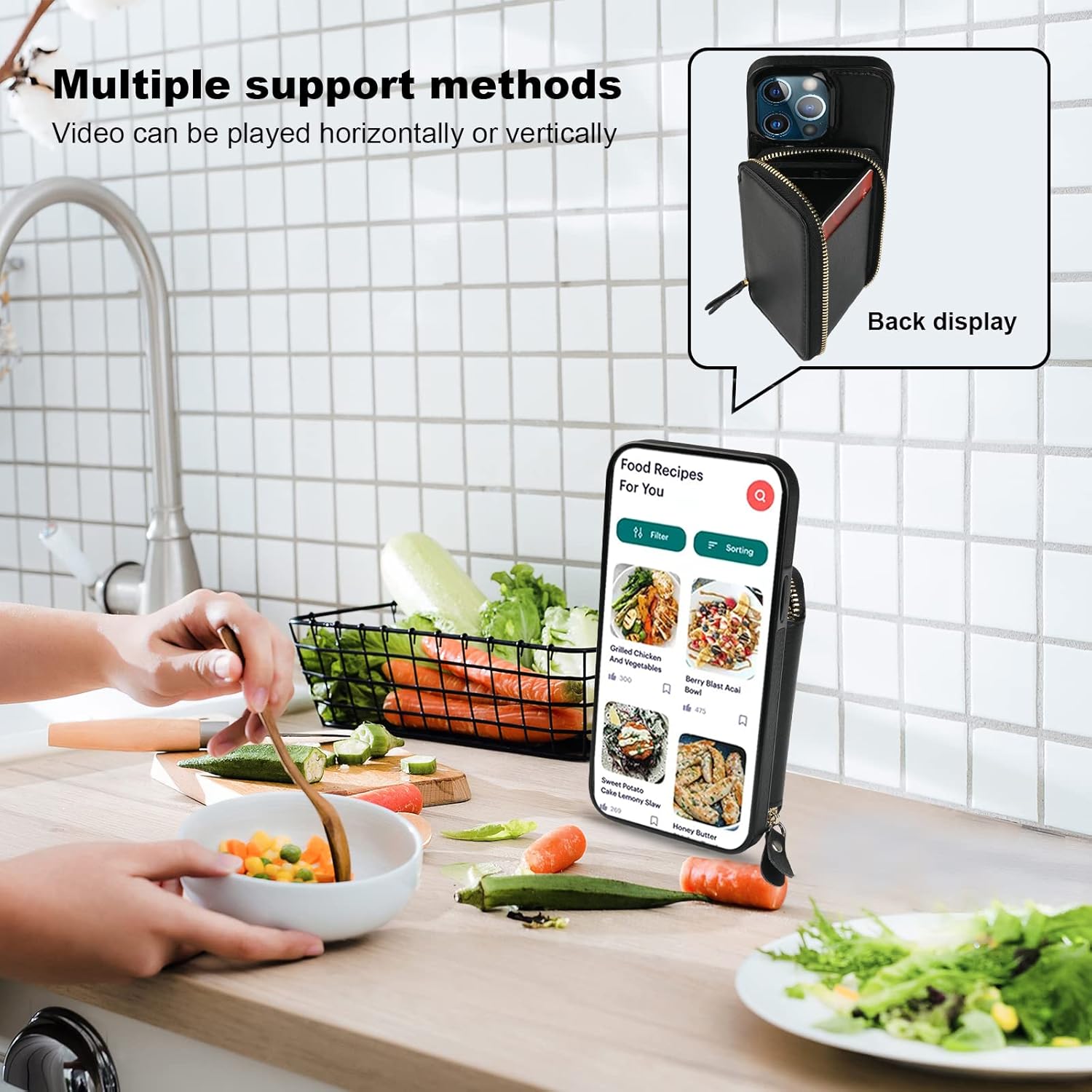 Bocasal RFID Blocking Wallet Case for iPhone 13 Pro, Adjustable Crossbody Zipper Purse Case Card Holder with Kickstand Detachable Wrist Strap, PU Leather Flip Folio Case 6.1 Inch 5G (Black) - Image 6