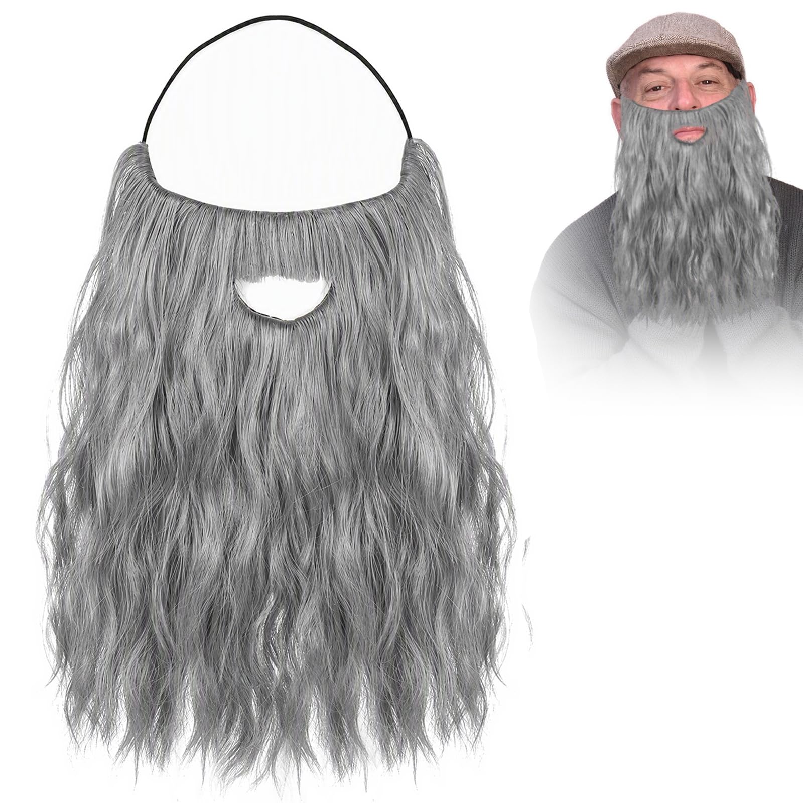 Long Fake Beard, Realistic Curly Wizard Beard Grey Fake Mustache