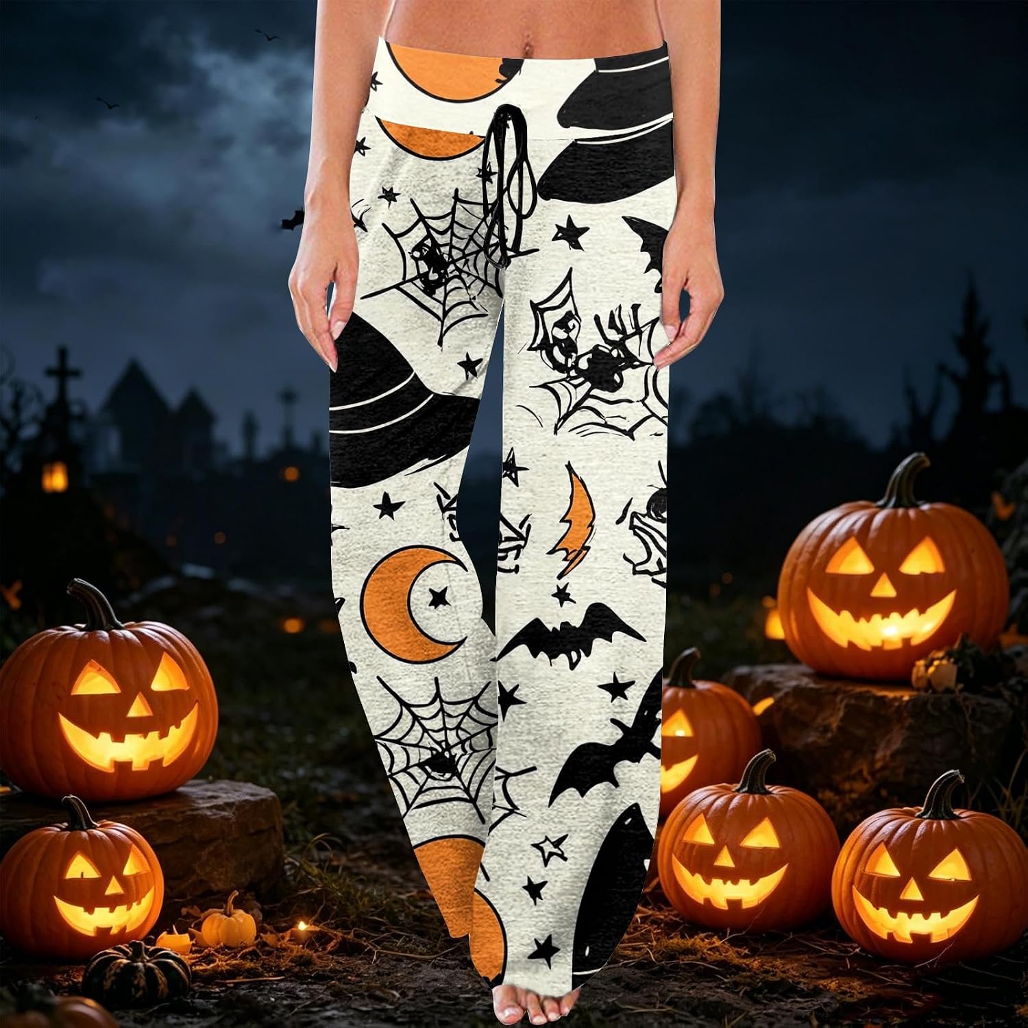 Women Fall Halloween Drawstring Pajama Pants High Elastic Waist Wide Leg Soft Sleep Lounge Pants Daily Wear
