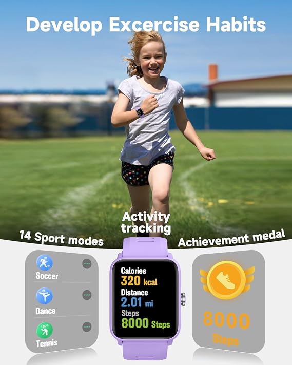 BIGGERFIVE Kids Fitness Tracker Watch, Pedometer, Heart Rate, 5ATM Waterproof, Sleep Monitor, Alarm Clock, Calorie Step Counter, Puzzle Games, 1.5 HD Touch Screen Kids Smart Watch for Girls Ages 3-14