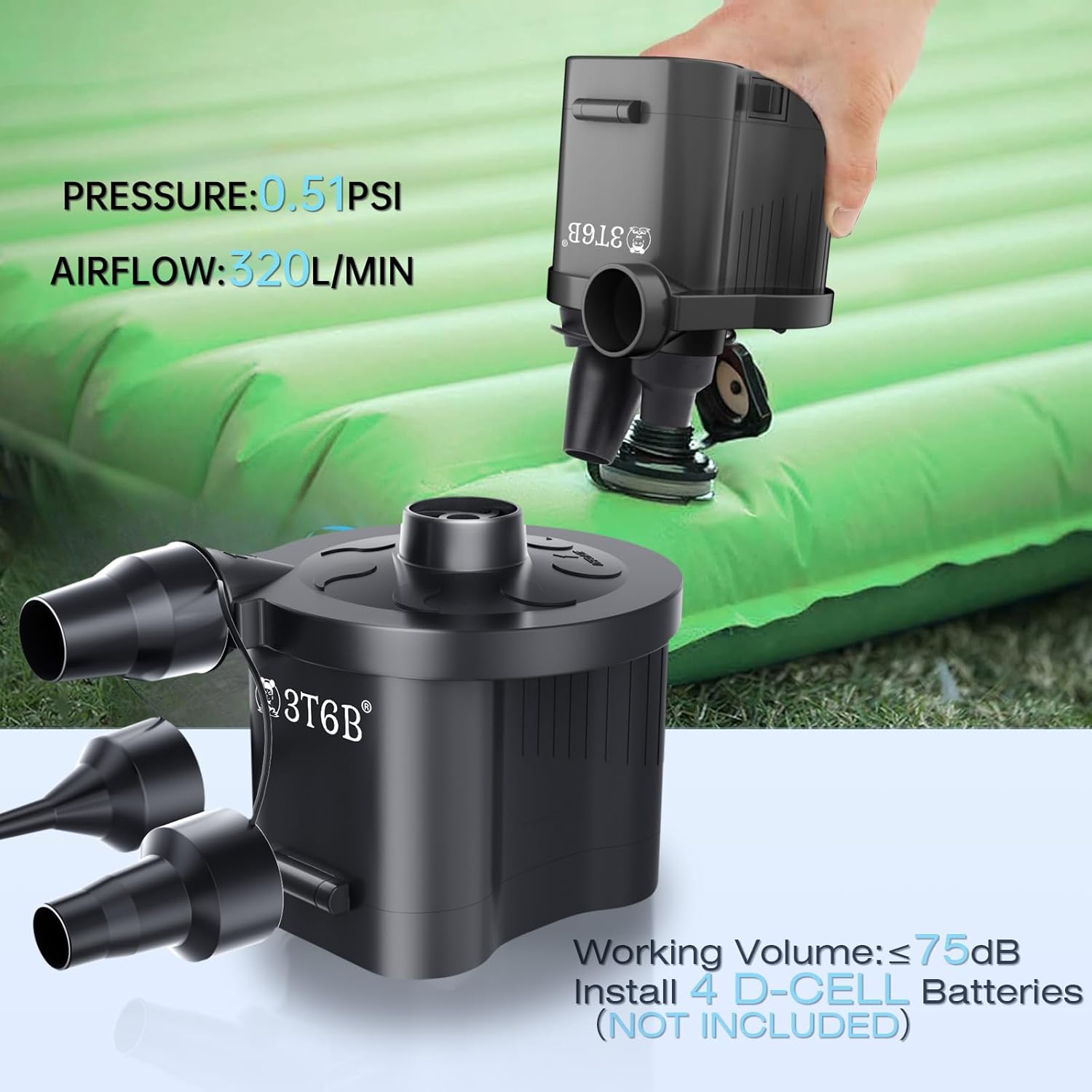 3T6B Electric Air Pump for Inflatables, Battery Powered Wireless Air Pump for Mattress with 3 Nozzles, Quick-Fill Blower Inflator/Deflator for Outdoor Camping, Air Mattress, Inflatable Couch, Pool Toy - Image 7