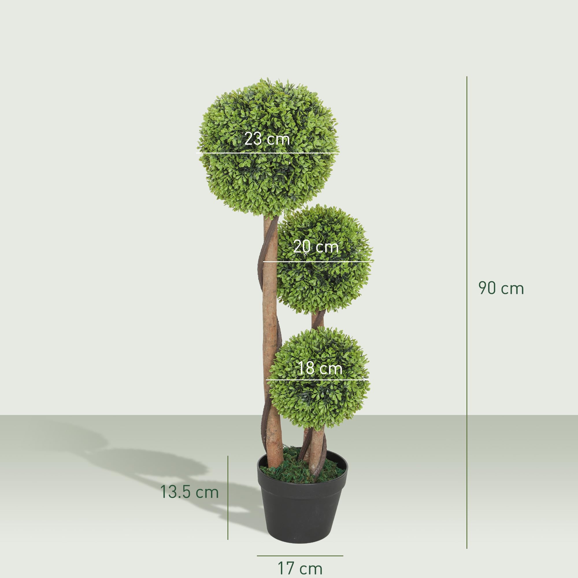 HOMCOM Set di 2 Piante di Bosso Artificiale a 3 Sfere, Piante Finte con Vaso Incluso e Fondo Rinforzato, Altezza 90 cm, per Interno ed Esterno, Giardino, Ufficio, Soggiorno