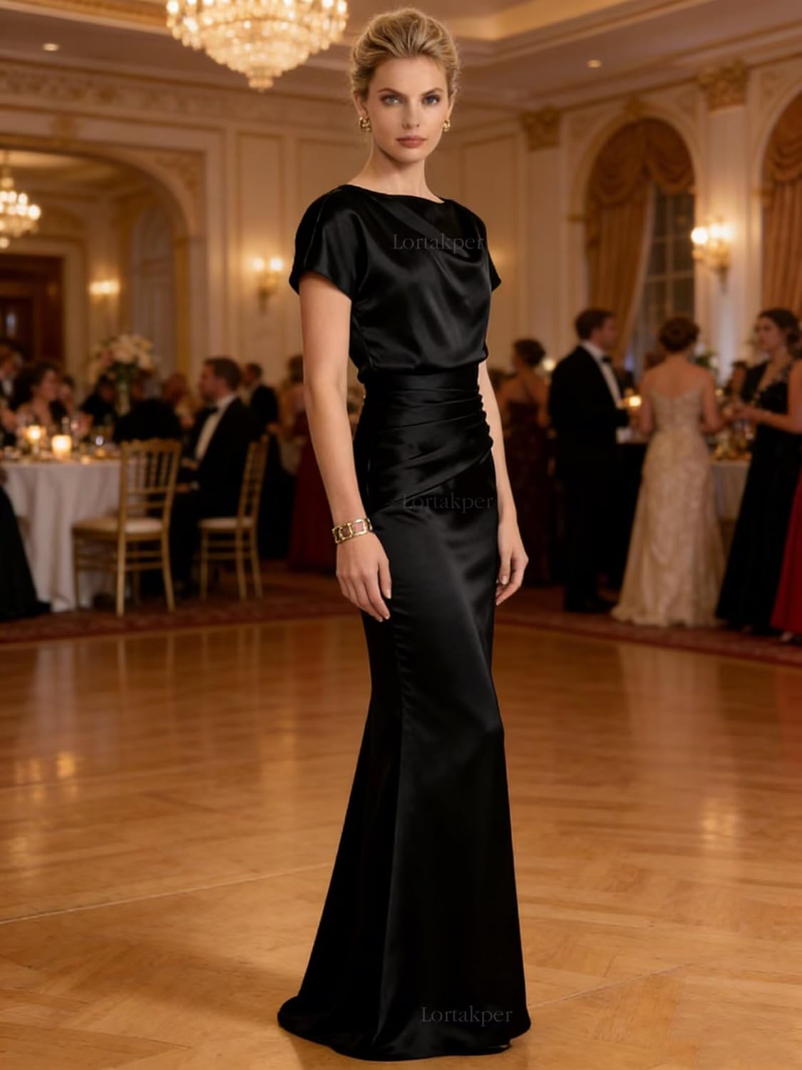 Cap Sleeve Mother of Bride Dresses Long Satin Pleated Wedding Guest Dress Formal Evening Gowns for Women