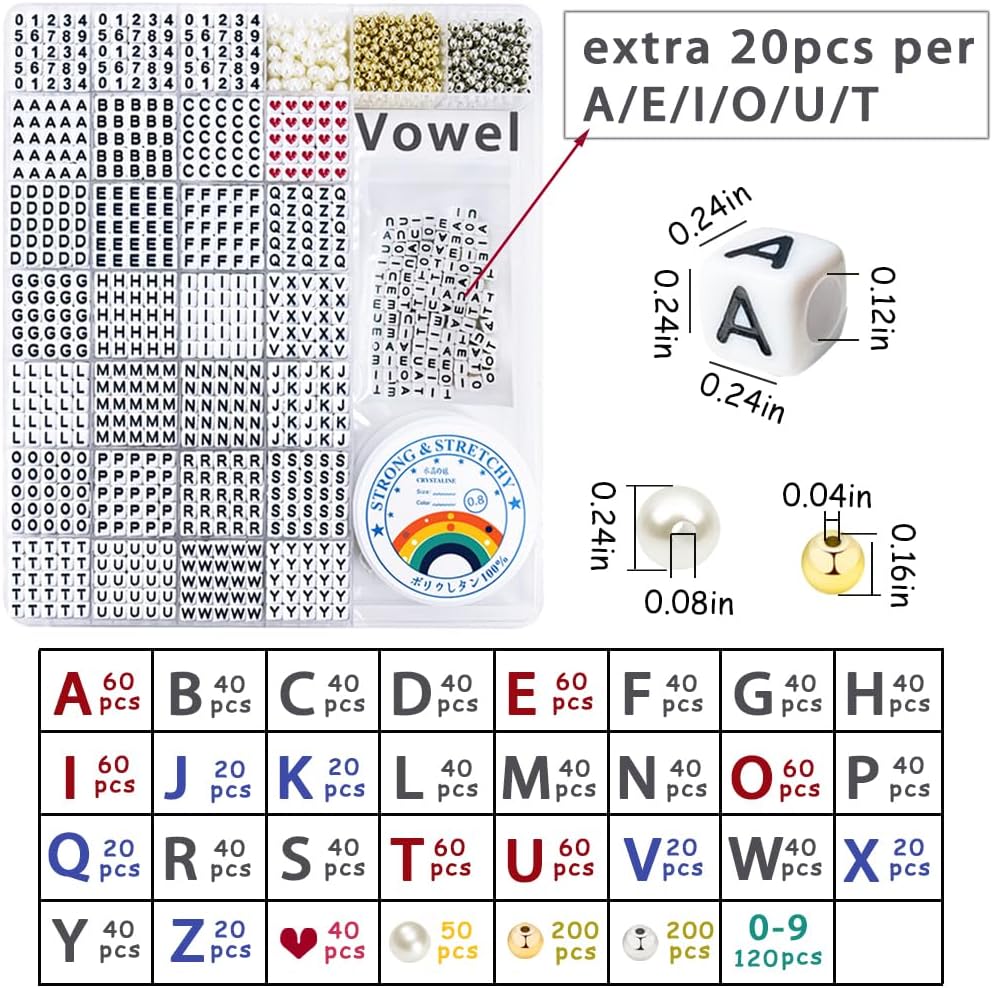 MIIIM 1650 Pcs Pony Beads Letters for Bracelets Making, Vowel-Rich Alphabet Kit with Minimized Rare Characters, 6x7mm Large Hole Square Letter Beads, Numbers (White and Black)