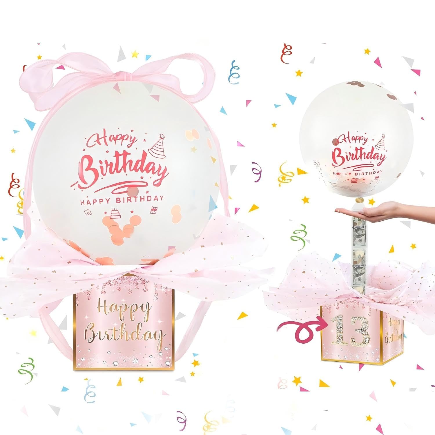 Pull String Money Gift Box with Balloons - Birthday Surprise Cash Present for Adults, 18th 21st 30th Birthday Party Decorations - Includes 2 Transparent Balloons & 50 Money Envelopes (Pink Gold)