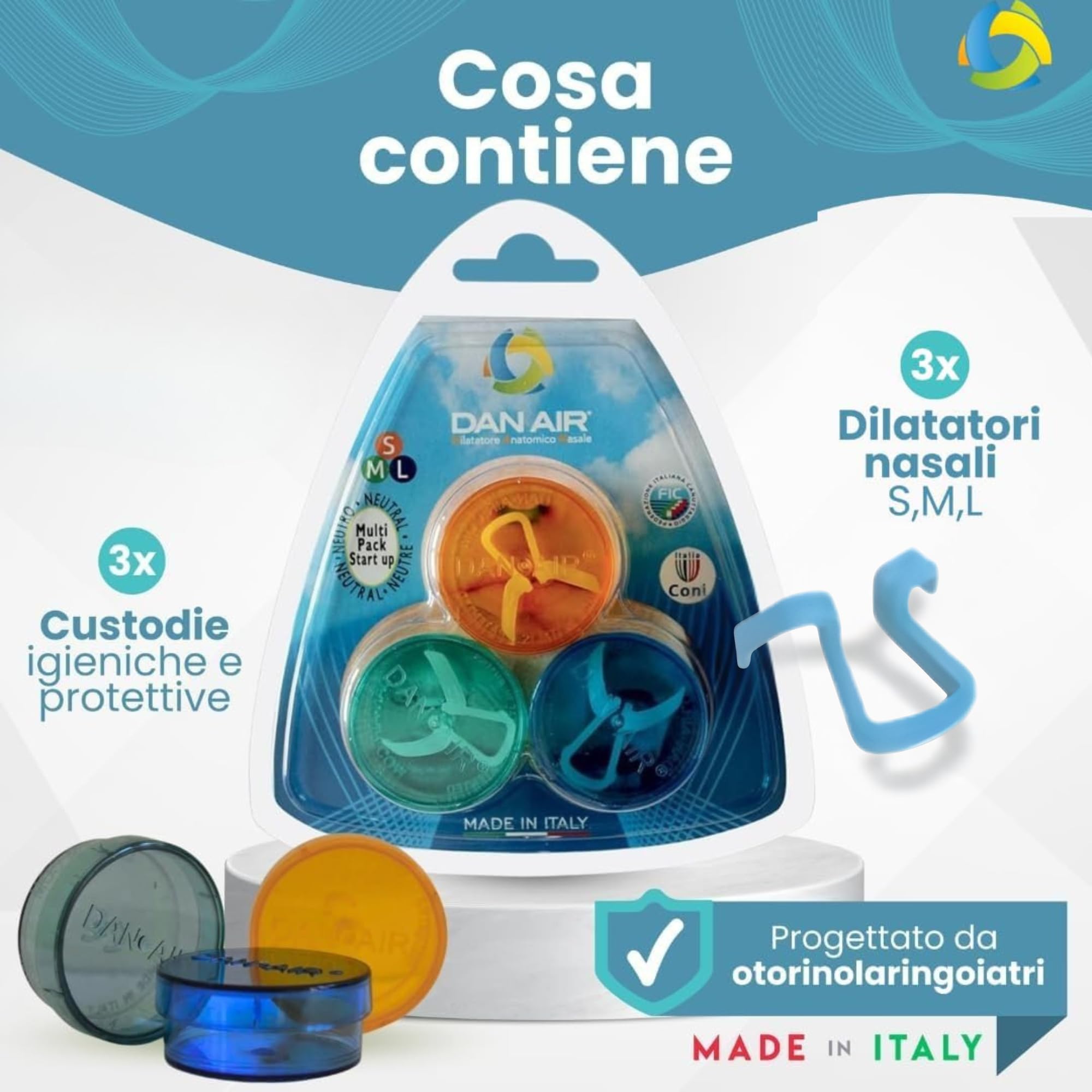 DanAir - 3 Dilatatore Nasale Antirussamento Made in Italy, Divaricatore Naso per Attività Sportive - Dispositivo Anti Russamento Uomo Donna, Respirare Meglio dal Naso (Azzurro S M L)