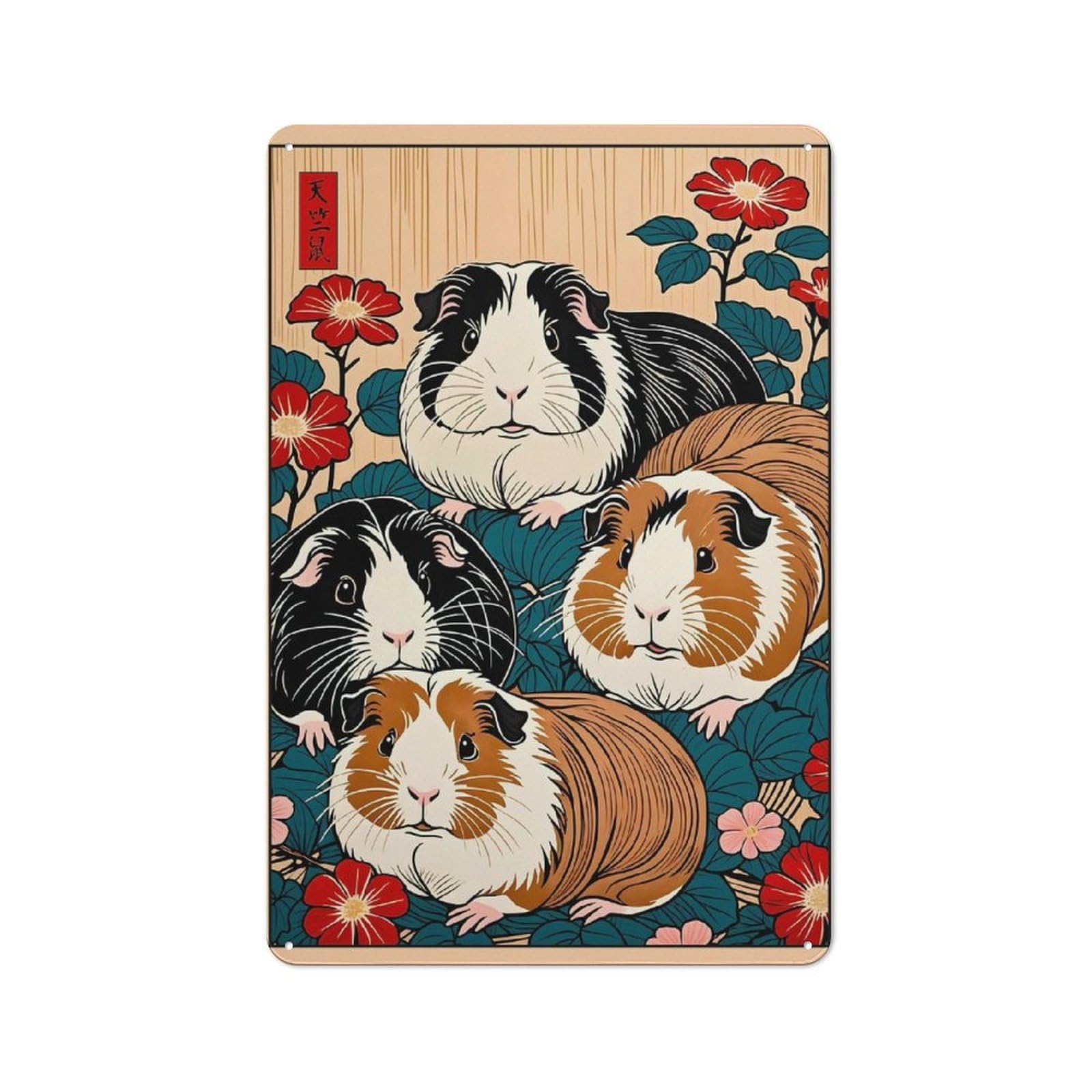 Junmoney Guinea Pigs In Japanese Style Retro Metal Wall Decor 30X20cm, Tin Wall Sign For Bakery, Diner, Cafe Or Family Room