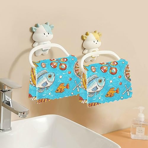 Miniatura 6 de Retro Sea Fish Cuttlefish Blue Absorbent bar Towels Tea Towel Set Terry Dish Cloths for Kitchen Print Camping Soft Martillo para cocina 11x11in 6