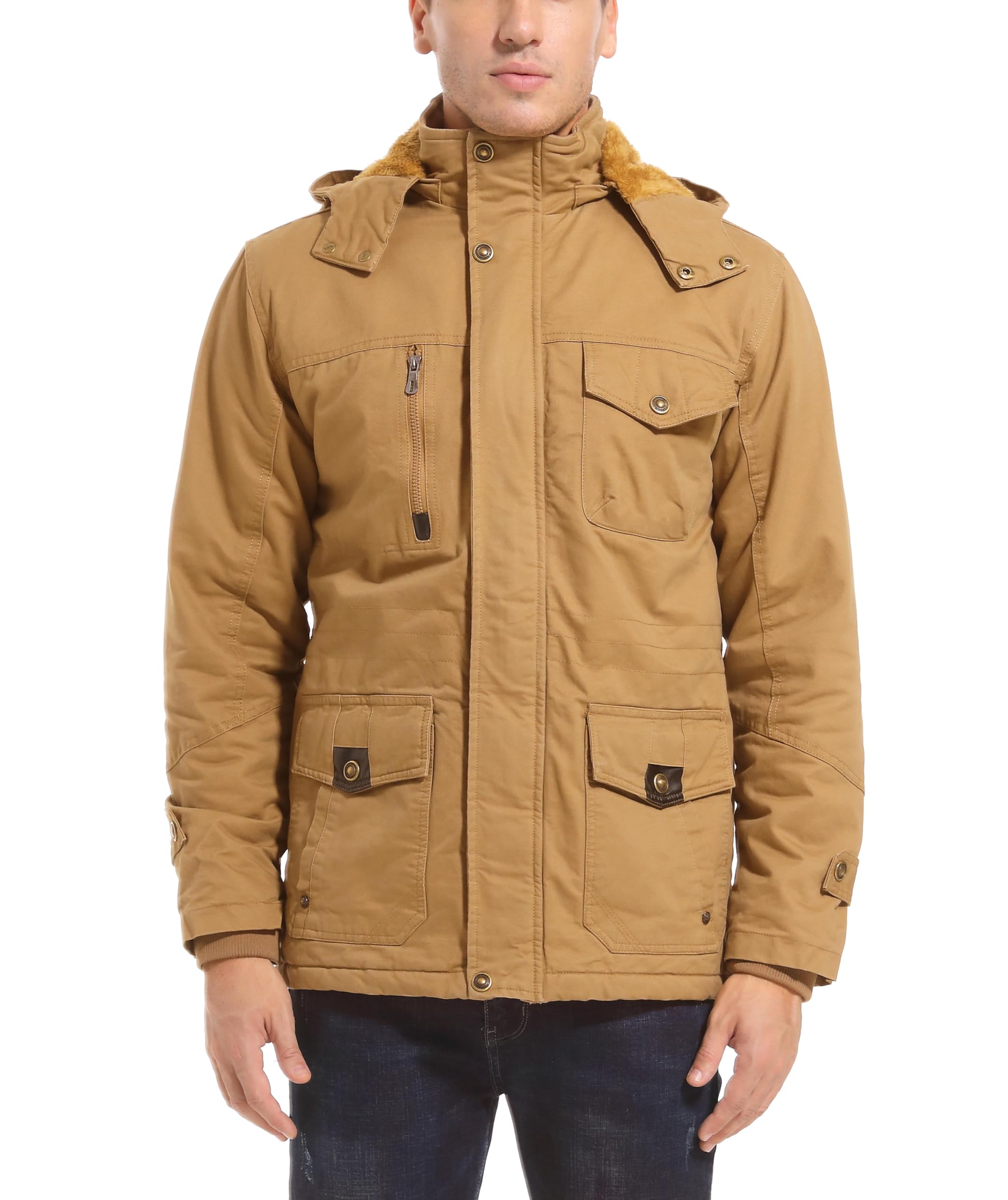 MAGCOMSEN Męska kurtka z ciepłą podszewką, cargo, parka zimowa, kurtka wojskowa, kurtka outdoorowa z odpinanym kapturem, kurtka przejściowa, bawełniana bluza z kapturem