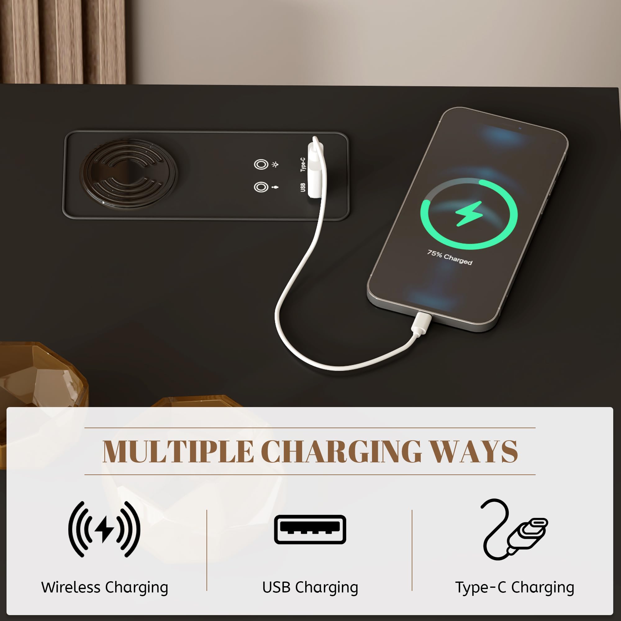 Vlsrka LED Comodino con Cassetto Nascosto, Comodino con Funzione di ricarica, Comodini moderni con 3 Cassetti, Comodini in Legno Camera da letto, Ricarica Wireless, Luci 3 colori, Nero
