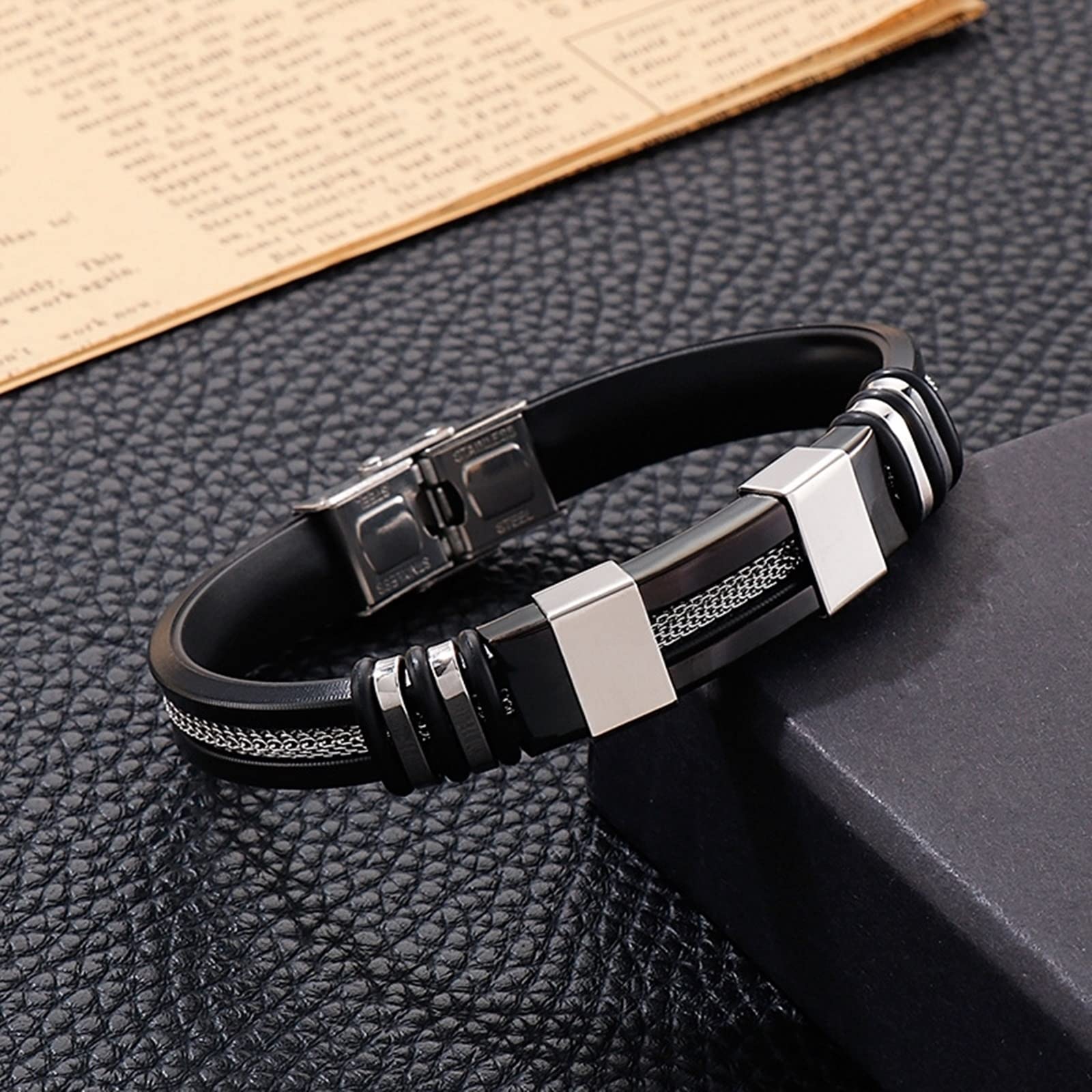 Herren-Kettenarmband aus Edelstahl, Silikonarmbänder für Männer, schwarzes Silikonarmband, 21 cm Länge, Biker-Schmuck für Männer