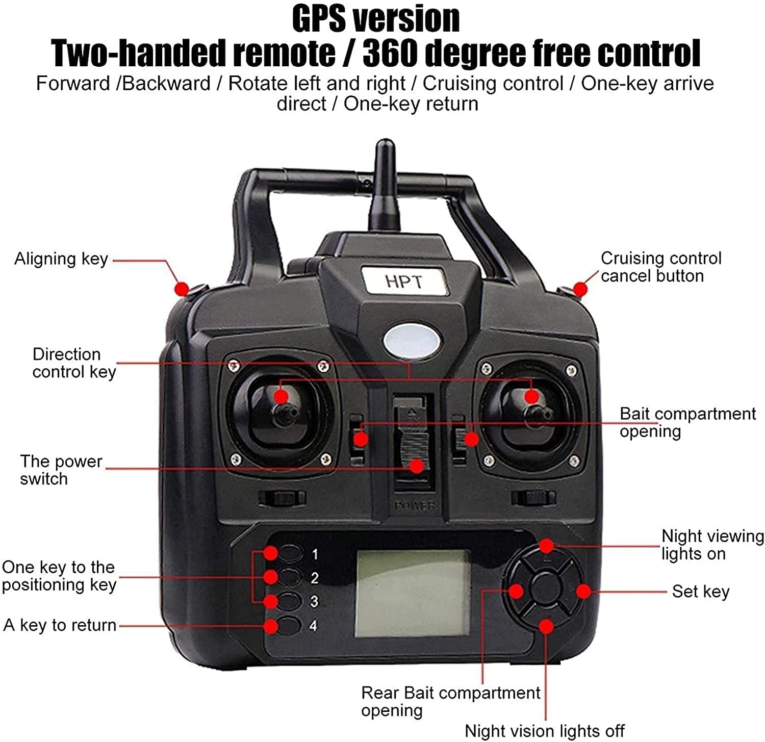 Barco de cebo RC con control de crucero GPS, batería de 12000 mAh, 3 compartimentos de cebo independientes, luz nocturna para pesca