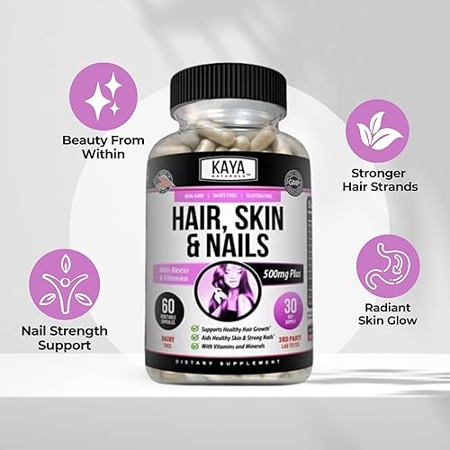Miniatura 4 de Kaya Naturals Cápsulas de uñas BIOTIN Vitamina D Vitamina B-12 A Apoyo de ácido fólico, Suplemento vitamínico de apoyo para el cabello