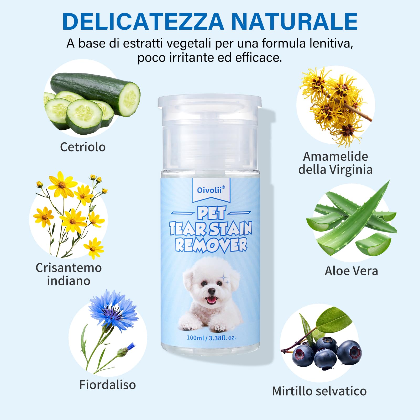 Rimozione lacrimale naturale per cani e gatti 100 ml, tamponi per la pulizia degli occhi 50 pezzi – formula delicata, sicura e non irritante – rimuove efficacemente macchie lacrimali, secrezioni