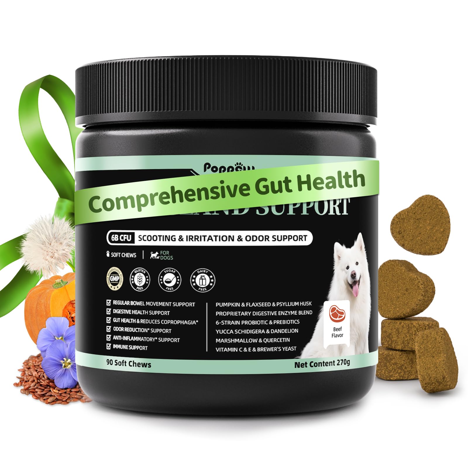 POPPAW Dog Probiotics & Digestive Enzymes – Pumpkin Fiber Chews for Gut Health, Diarrhea & Upset Stomach Relief, Gas & Stool Support, Beef Flavor Soft Chews – 90 Count