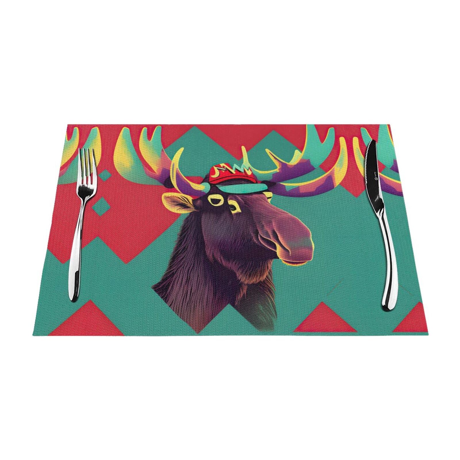 Placemats Set of 6,Table Mats Washable Placemat Decoration, Moose Print