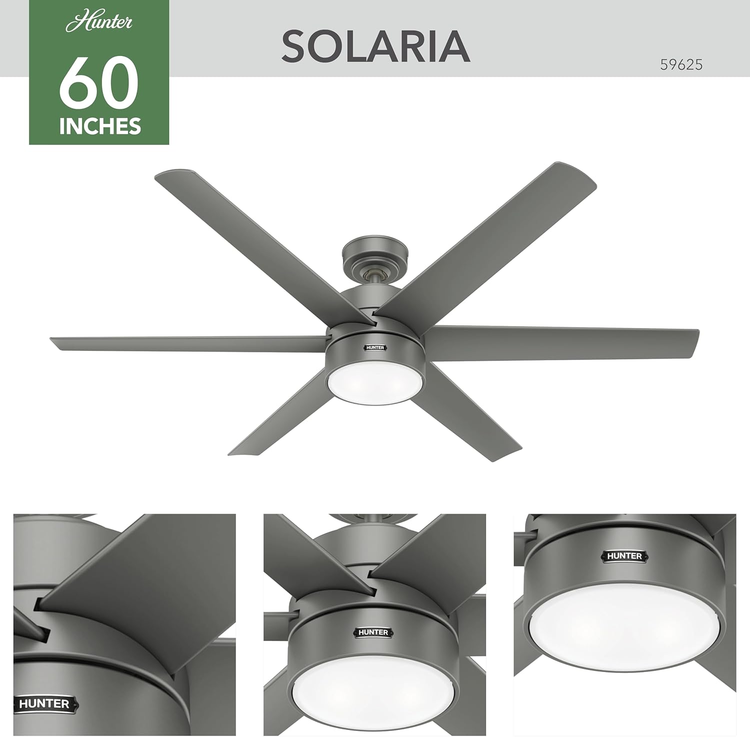 Hunter 60 inch Outdoor or Indoor Ceiling Fan with LED Light - Ceiling Fan with Wall Control, For Patio, Garage, or Porch, Quiet, Standard Mount, 6 Blades - Solaria 59625, Matte Silver