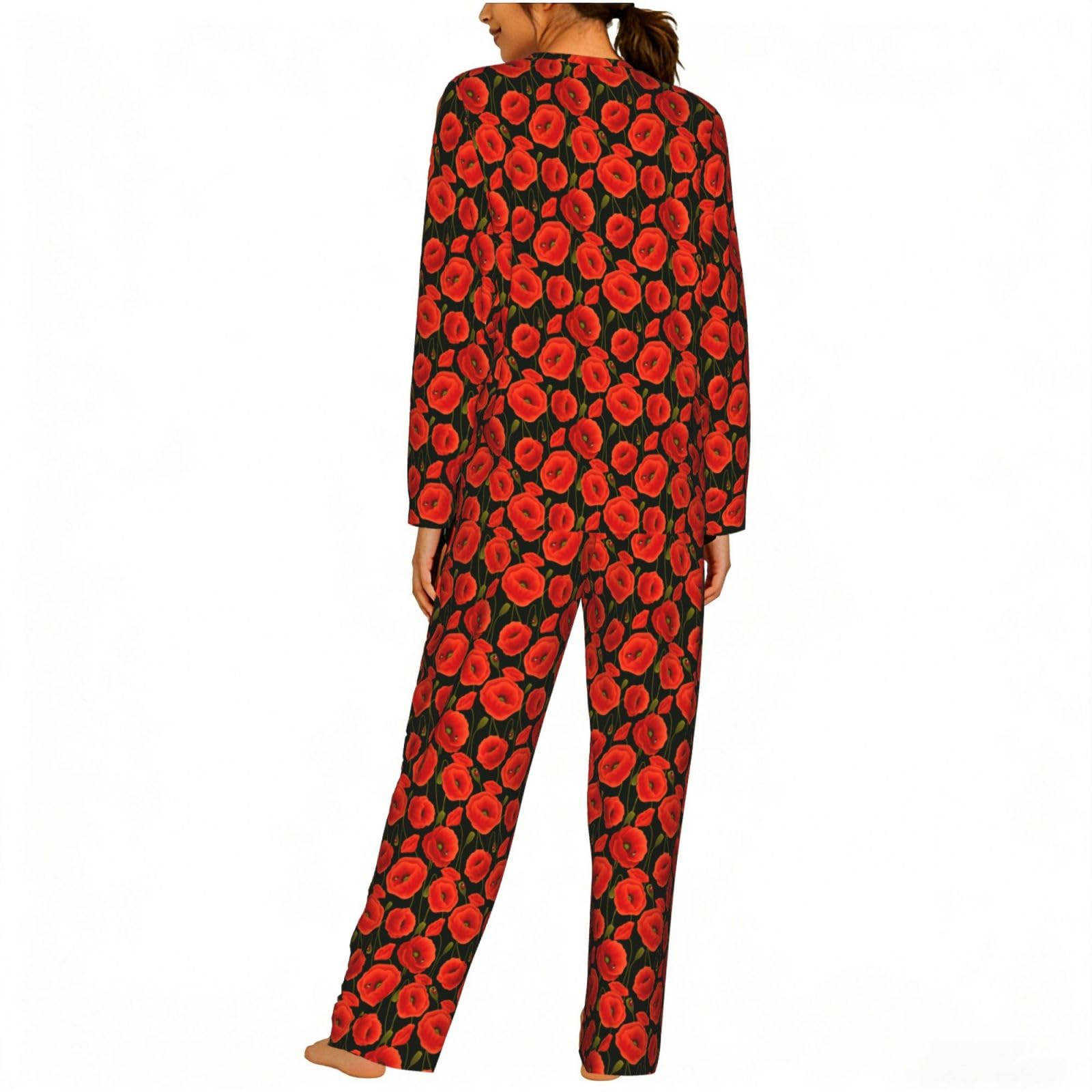 Pigiama da donna a maniche lunghe con stampa a fiori di papavero per vacanze, yoga, uscite casual, comodo regalo