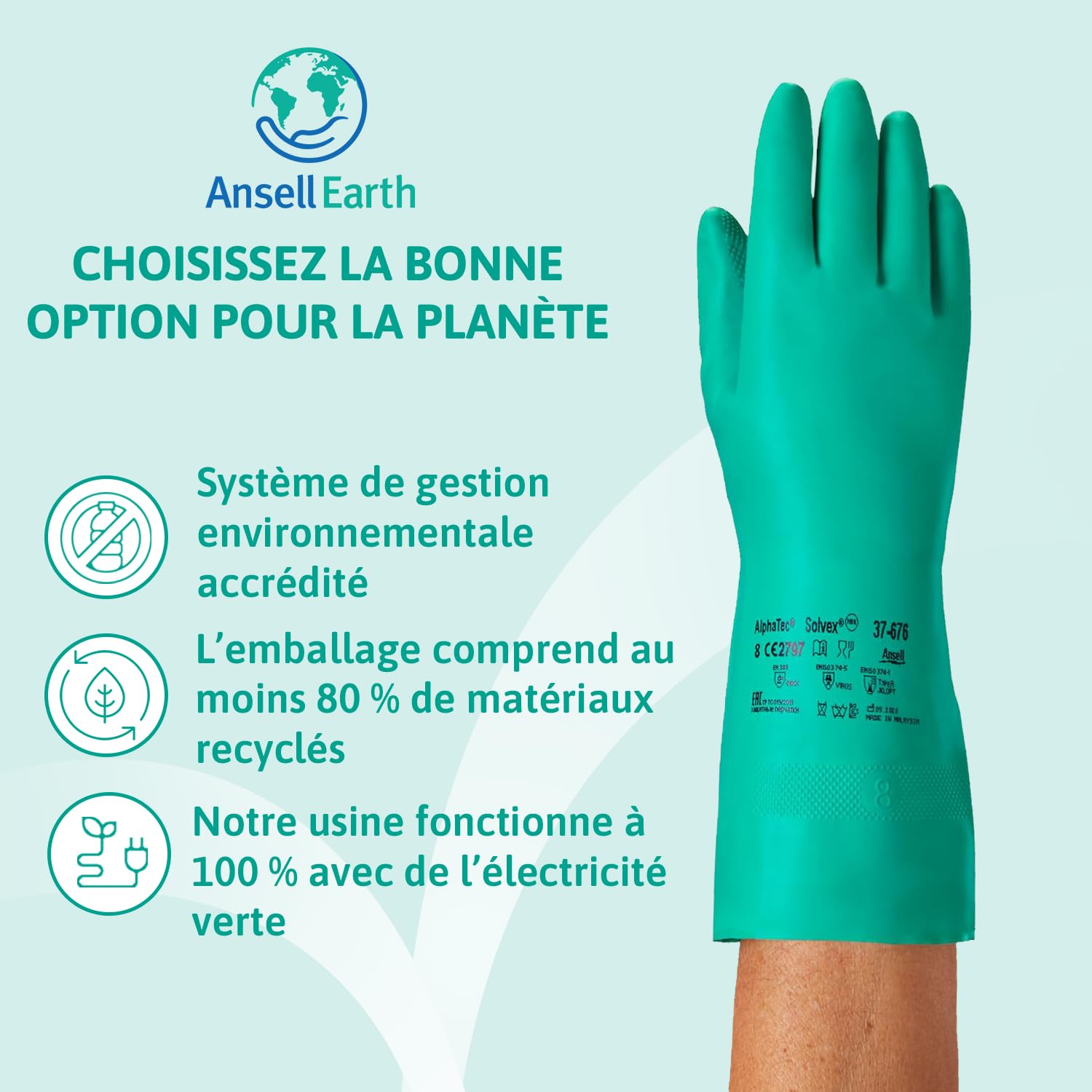 Ansell AlphaTec 37-675, Gants en nitrile résistant aux produits chimiques, Gants de travail imperméables, Gants de protection sans latex, Alimentation et nettoyage, Verts, Gants nitrile 2XL 12 paires