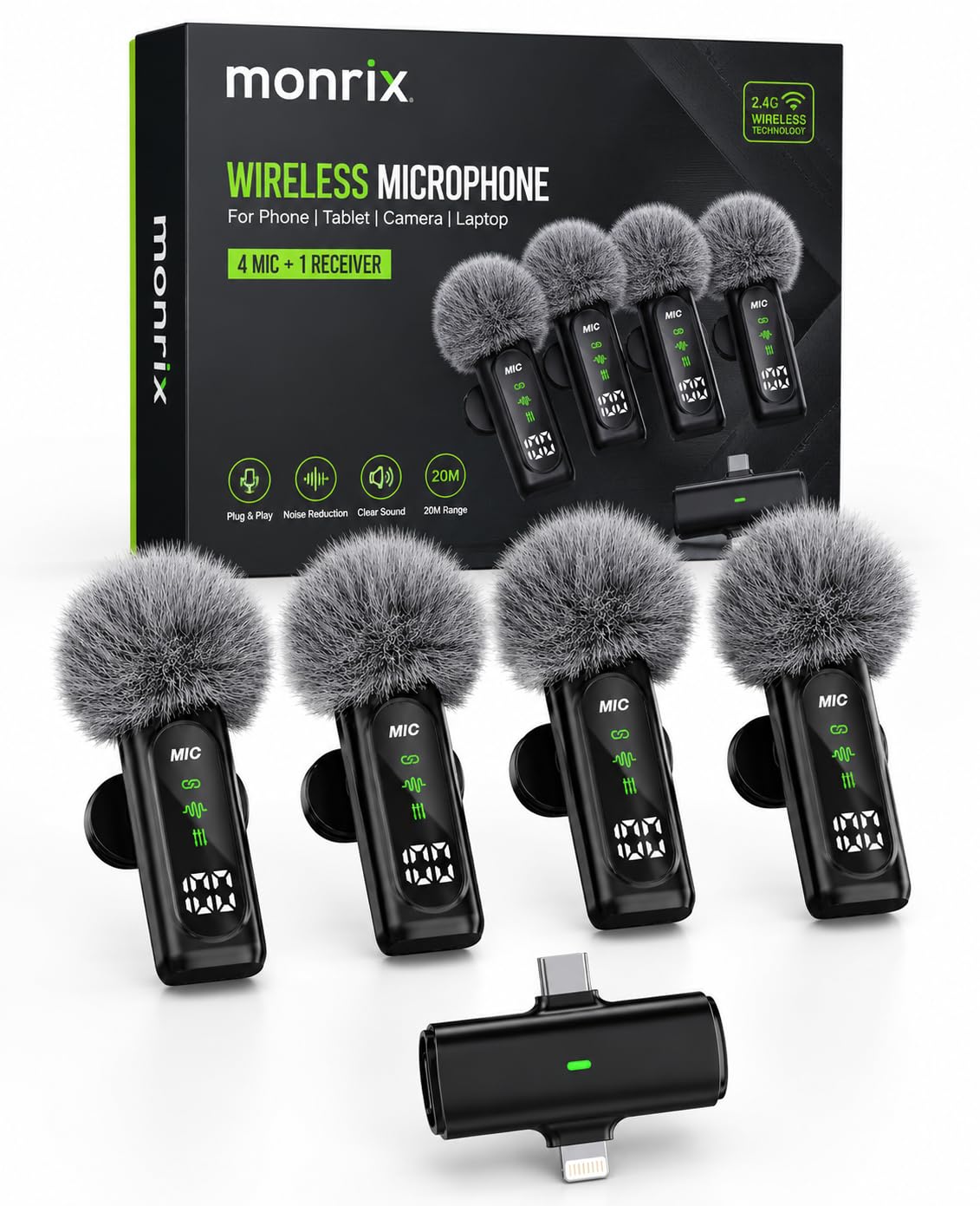 4 Mic Wireless Microphone Set with Dual Type-C & Lightning Receiver, Noise Reduction, Plug & Play, 20m Range for Phone, Camera & Laptop-image-6