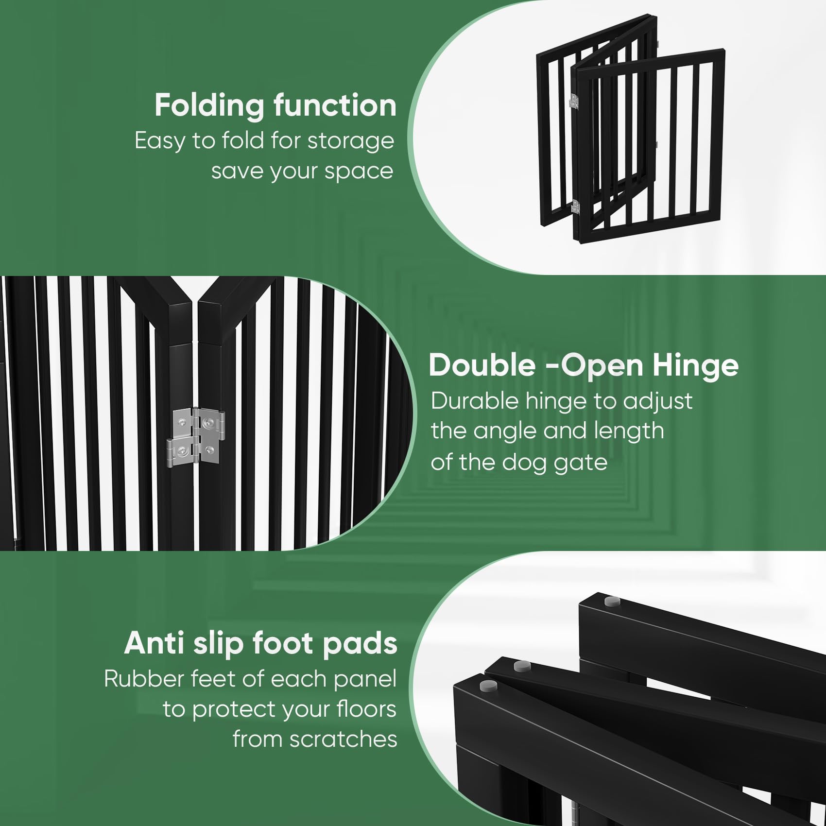 Dog Gates for Doorways, Foldable Dog Gate Indoor, Freestanding Pet Gates for Doorways Bedroom, Puppy Gate with Metal Support Feet, Room Divider 3 Panels (Black) — view 3