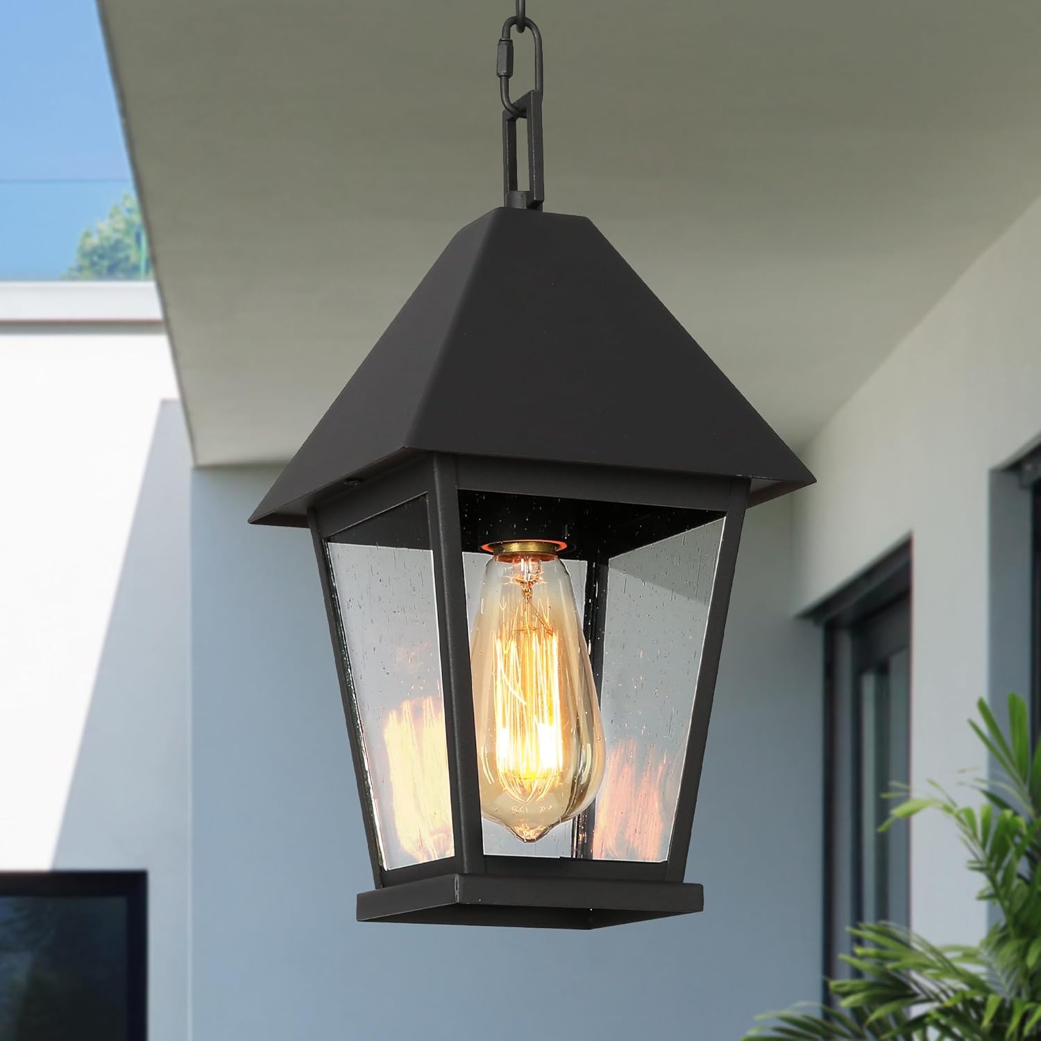 LOG BARN Outdoor Pendant Light Fixture, Modern Farmhouse Exterior Lights, Weatherproof Exterior Hanging Lantern with Seeded Glass for Front Door, Entry, Porch, and Gazebo