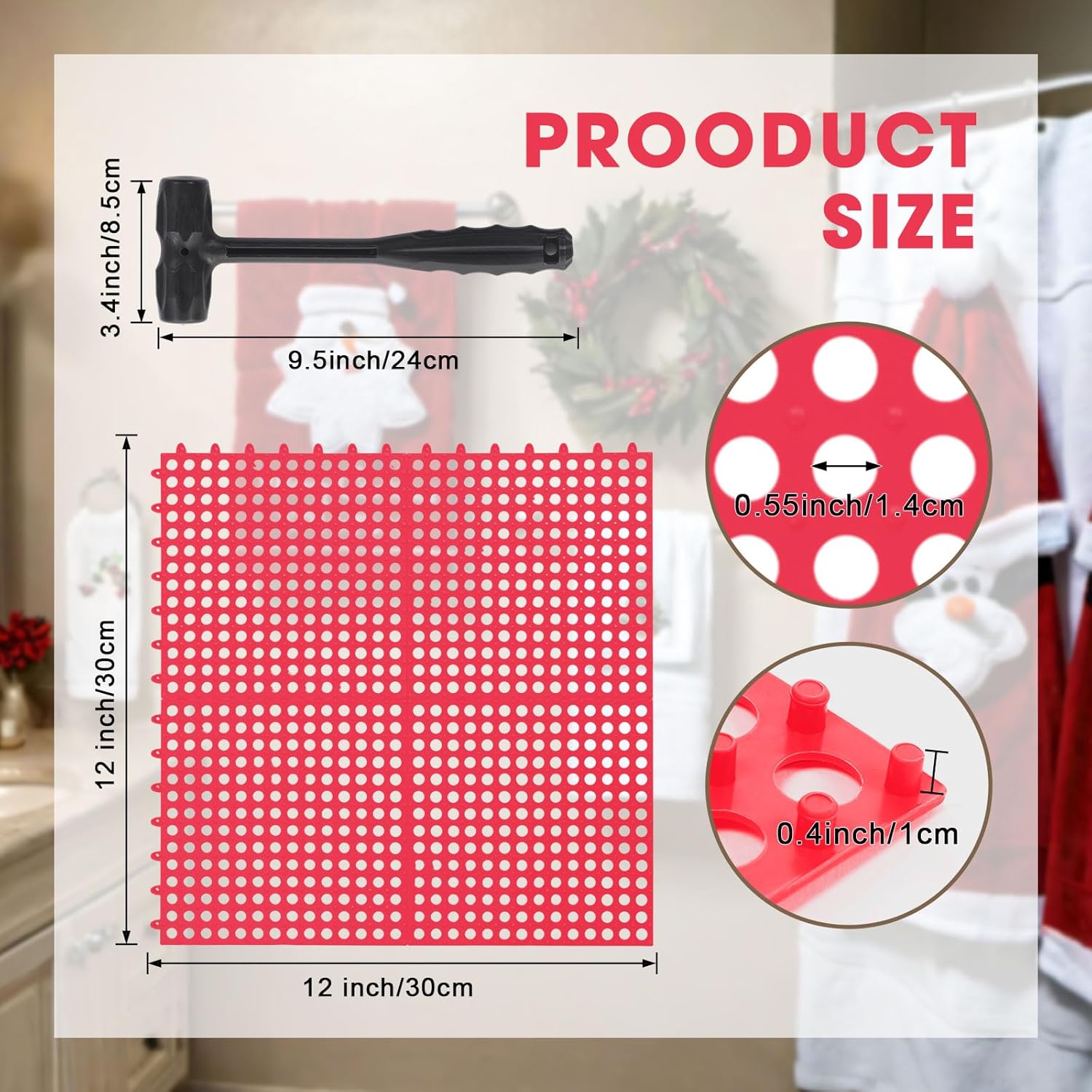 Drydiet 12 Pack Drainage Tiles Modular Interlocking Floor Tiles with 1 Pc Plastic Hammer 12" x 12" Cushion Mat Non Slip Rubber Floor mat with Holes for Pool Bathroom Deck Kitchen Patio (Dark Red)