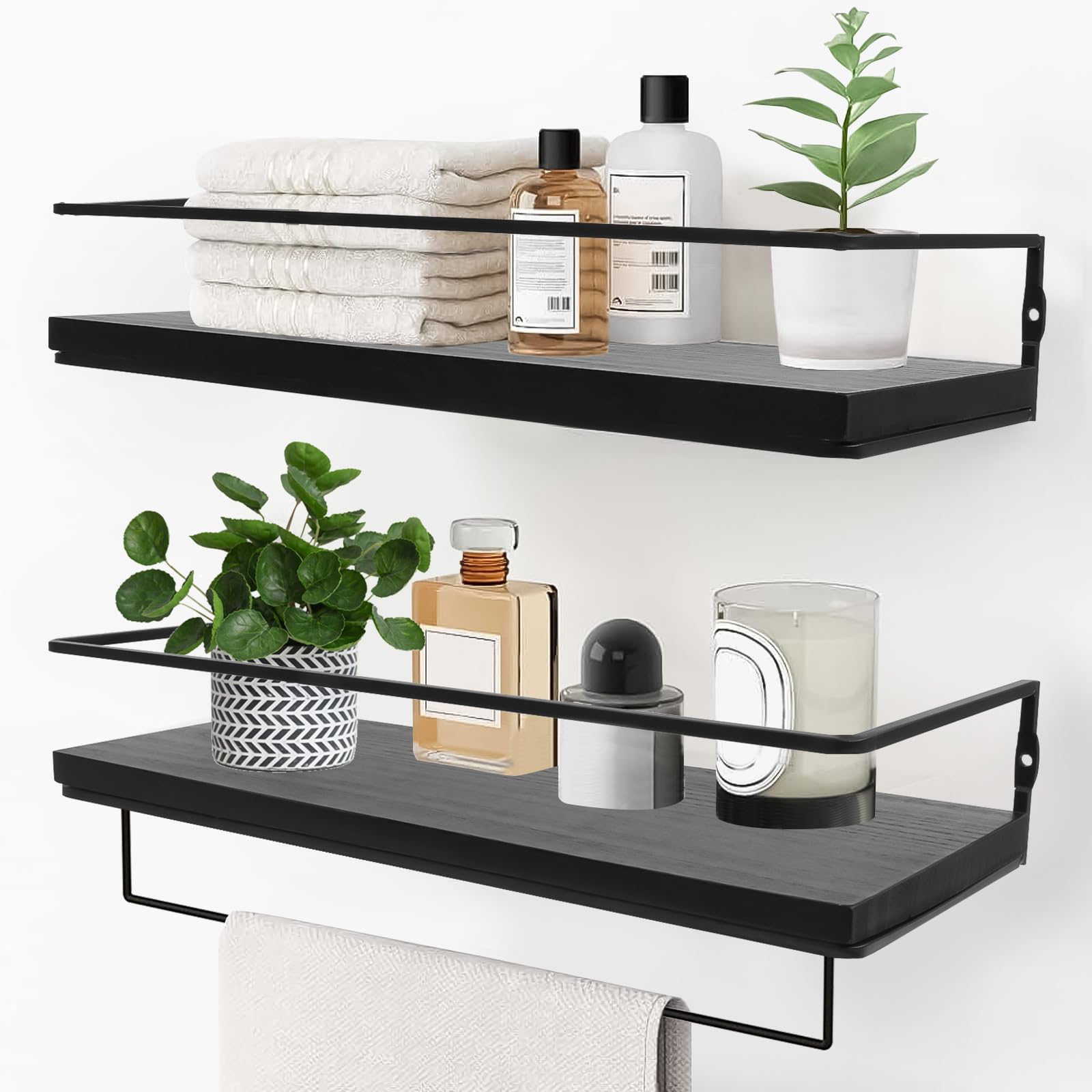 Qivine Lot de 2 Etagère Murale en Bois, Étagère Murale Bois avec Porte-Serviettes, 40 cm Etagere Murale Salle de Bain Flottante, pour Salon, Chambre d'enfant, Chambre à Coucher