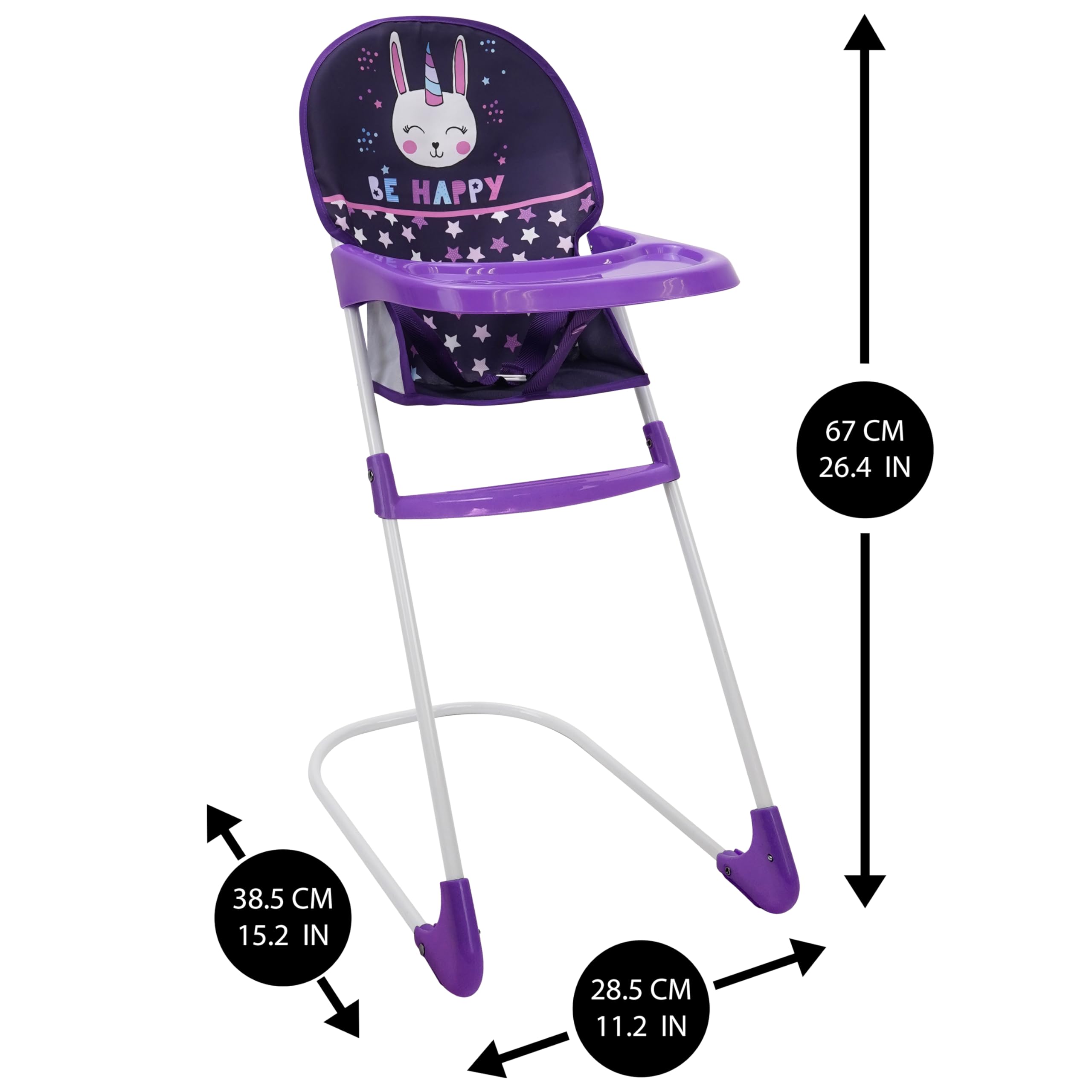 509 Crew Bunnicorn Combo de Juego de 8 Piezas: Cochecito Clásico, Silla Alta, Bolsa de Pañales, 5 Juguetes de Alimentación para Muñecas de 46cm, Juego de Simulación para Niños de 3+