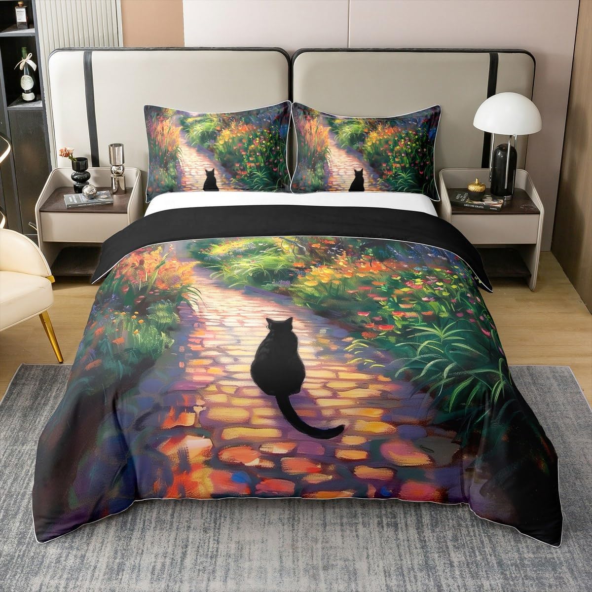 Manfei Black Cat Cotton Duvet Cover Twin Size,Garden Flowers Blooming Floral Bedding Set with 1 Pillow Sham,Cute Kitten Pet Animal Aesthetic Comforter Cover(No Filler),2 Pcs