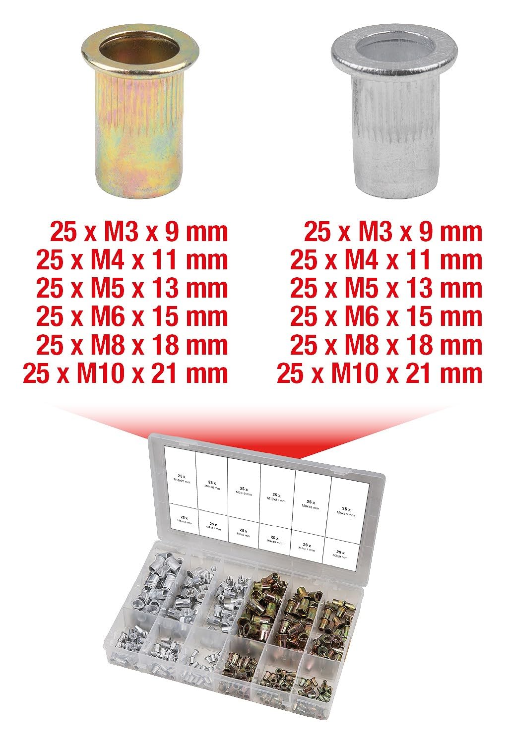 KS Tools Sortiment Gewindenieten Stahl+Aluminium, M3x9mm-M10x21mm, 300-tlg